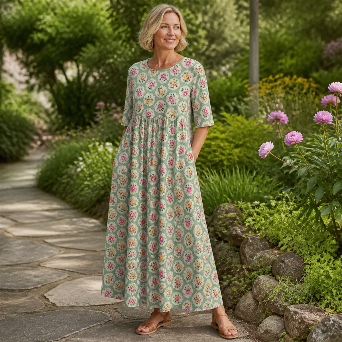 Salbeigrünes florales Maxikleid im botanischen Garten