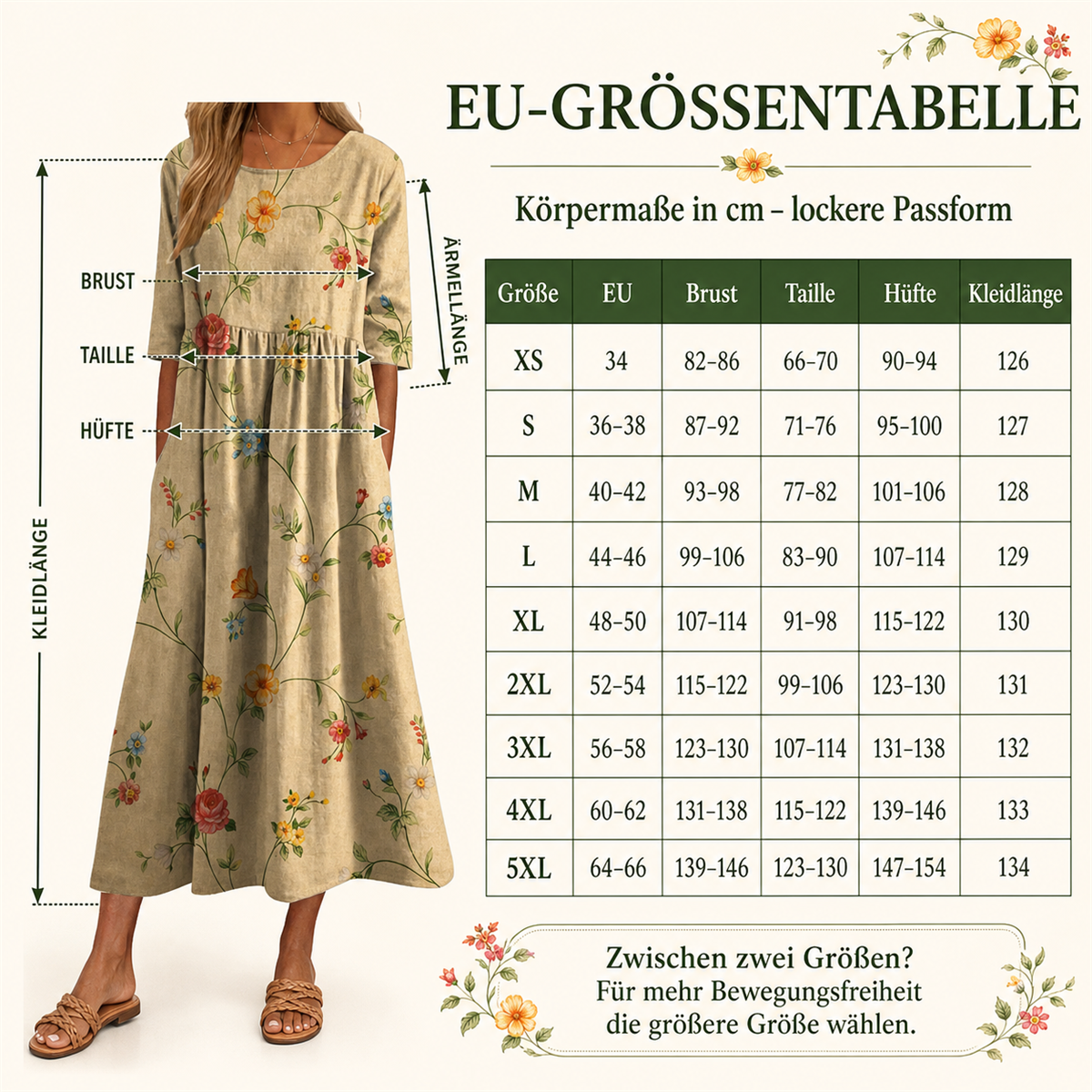 Detaillierte EU-Größentabelle mit floralem Maxikleid als Referenz