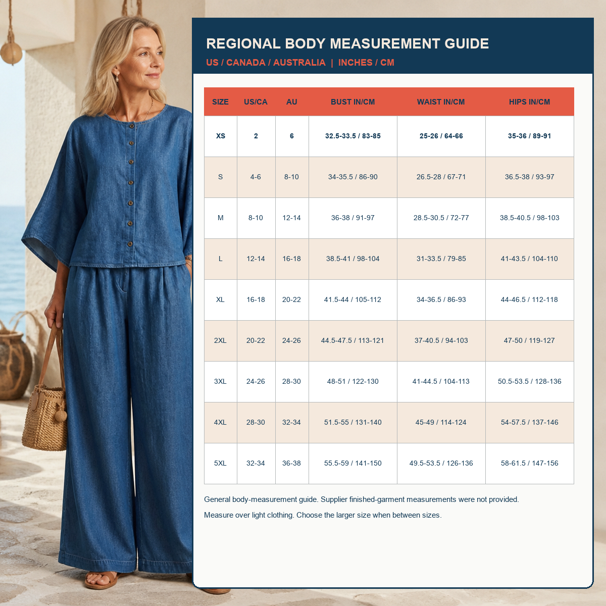 T3u0806001 detailed US Canada Australia general body measurement size guide with garment reference