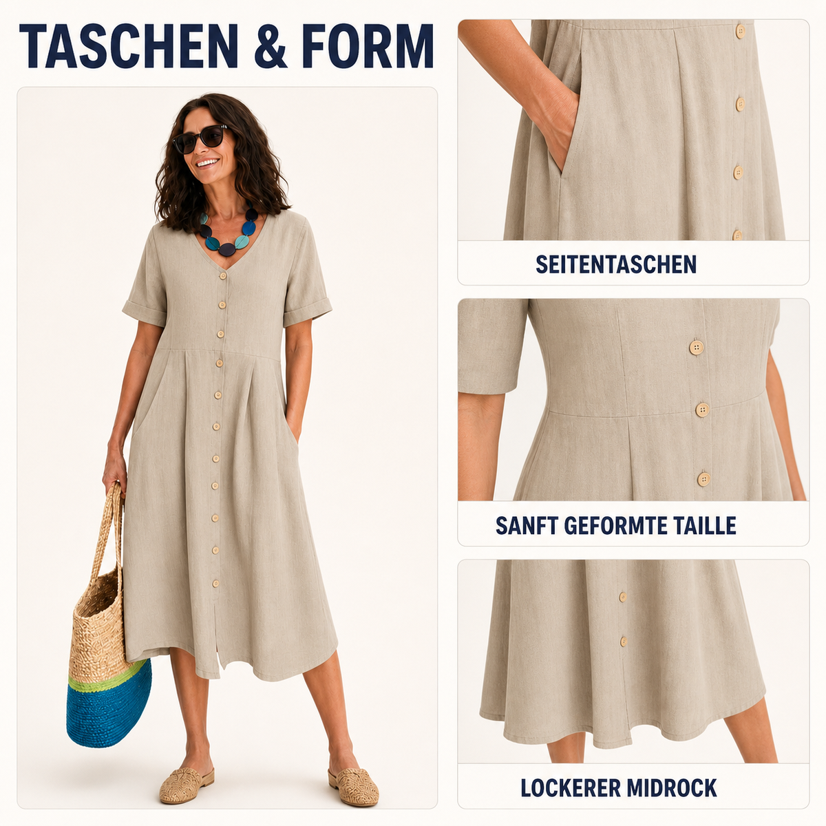 Detailtafel zu Taille und Bewegungsweite des Hemdkleids