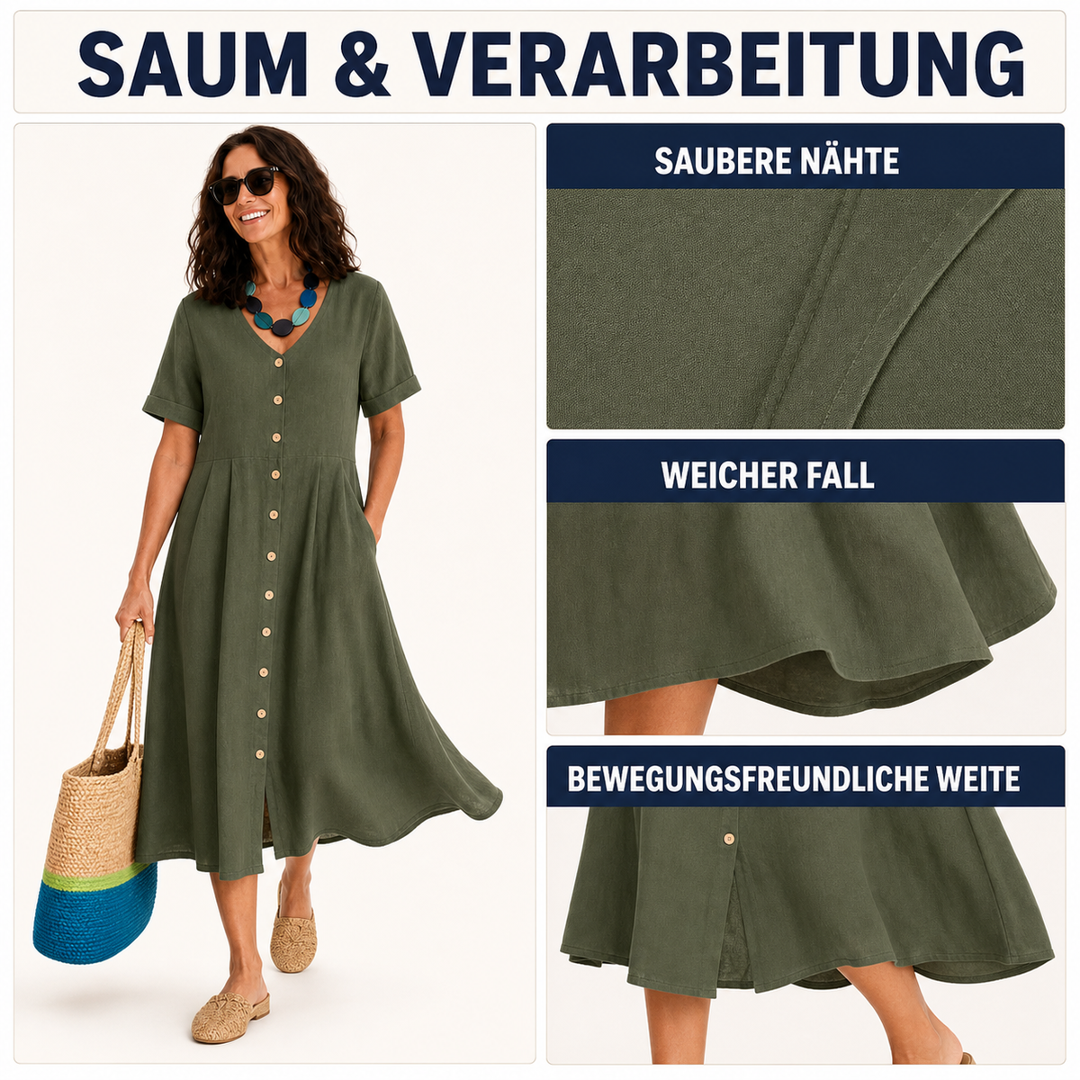 Detailtafel zu Saum Nähten und Gesamtfall des Hemdkleids