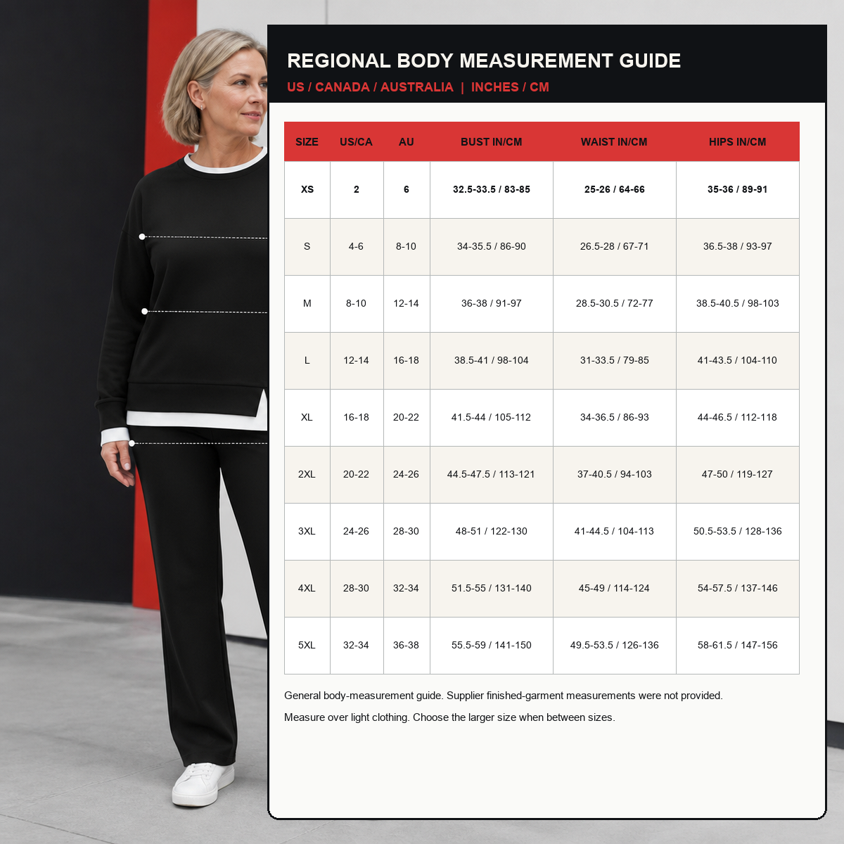 T3u0806002 detailed US Canada Australia general body measurement size guide with garment reference
