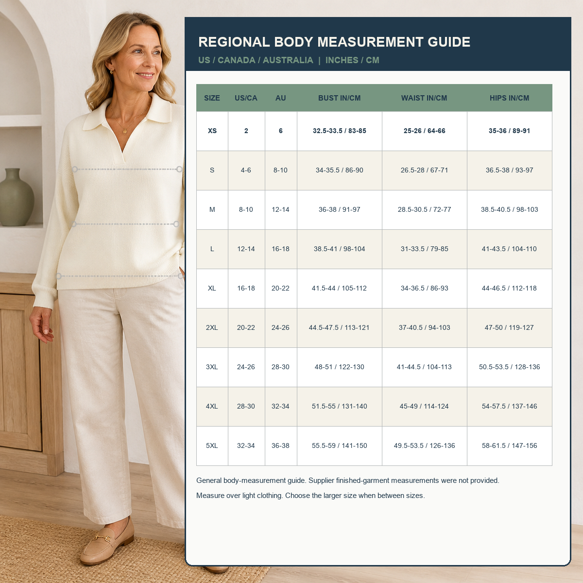 T3u0806005 detailed US Canada Australia general body measurement size guide with garment reference