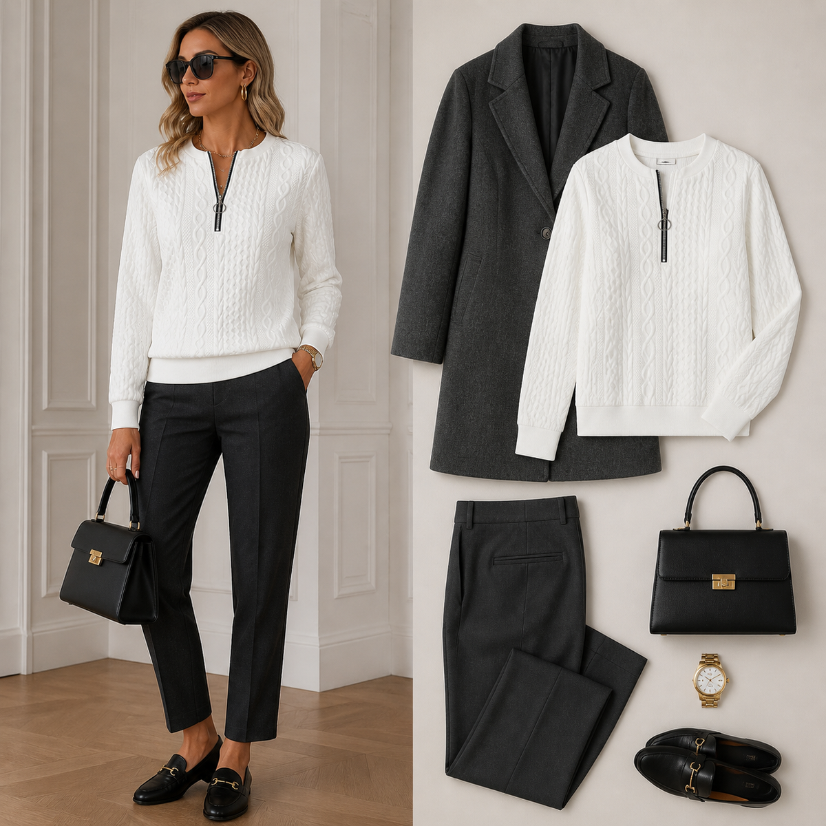 Cable-knit pullover styled with casual trousers