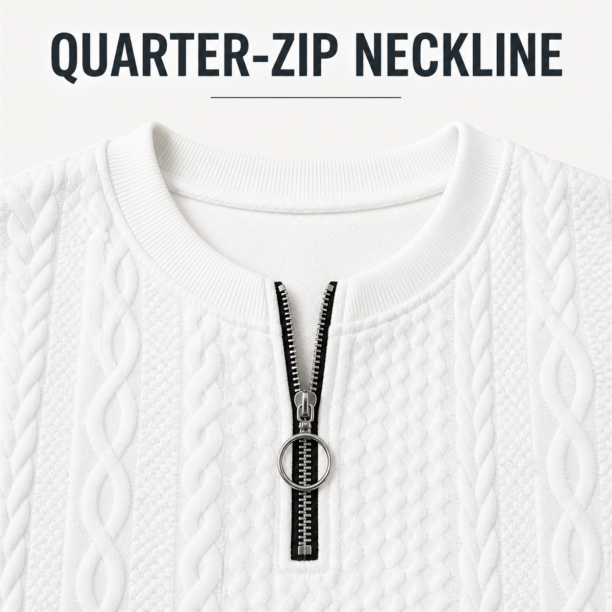 Close view of the quarter-zip neckline and circular ring pull