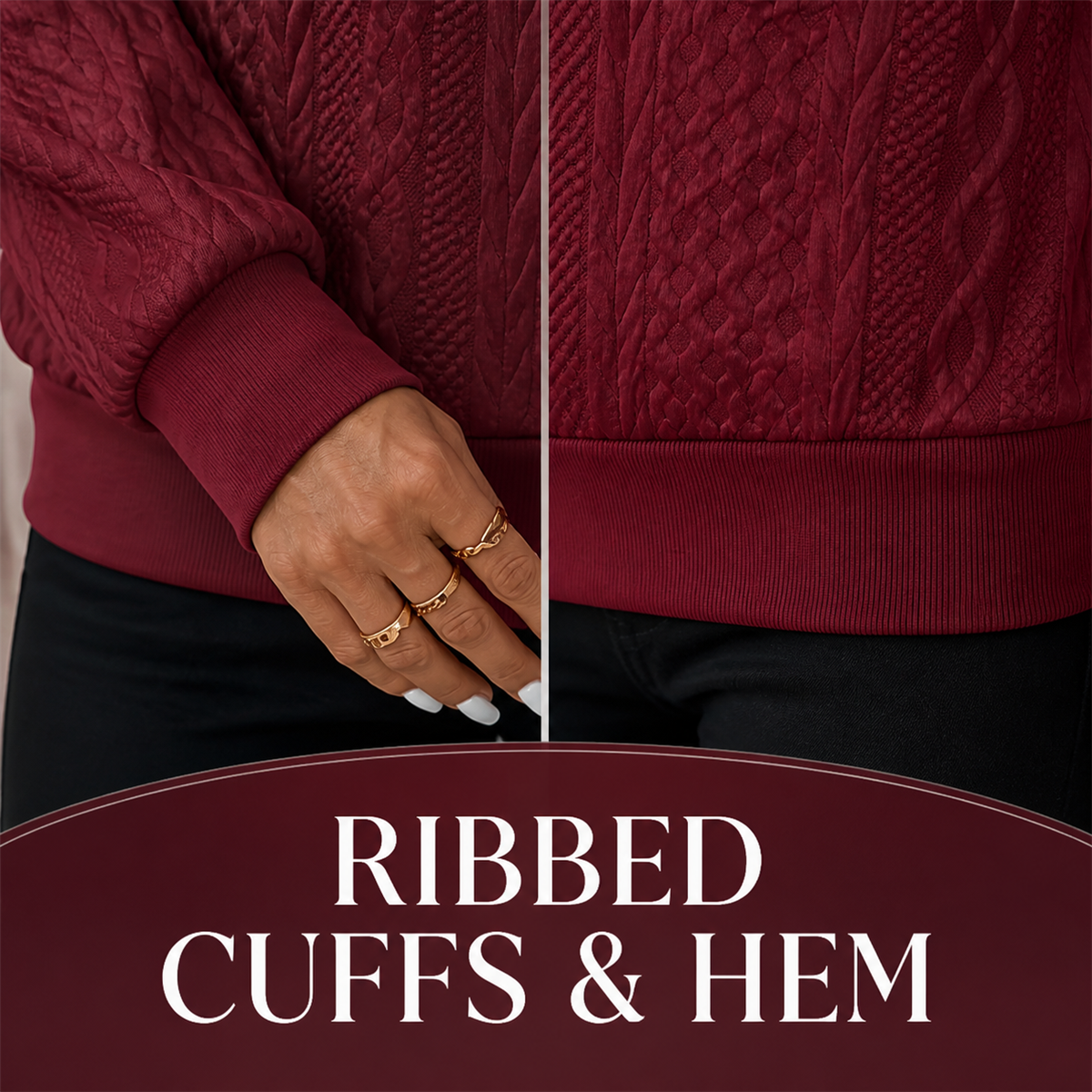 Close views of the ribbed cuffs and hem