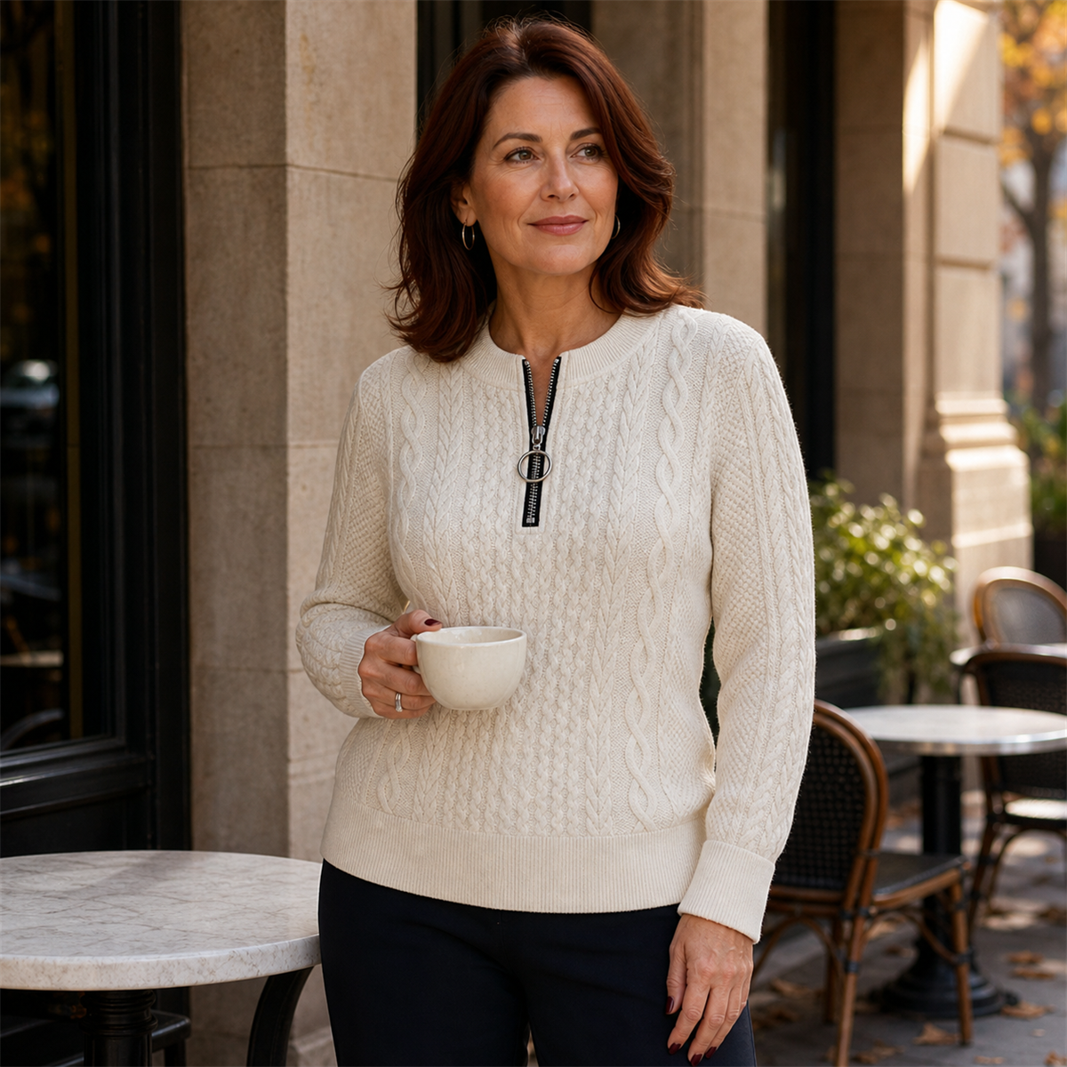 Woman wearing an ivory cable-knit quarter-zip pullover at an autumn city cafe