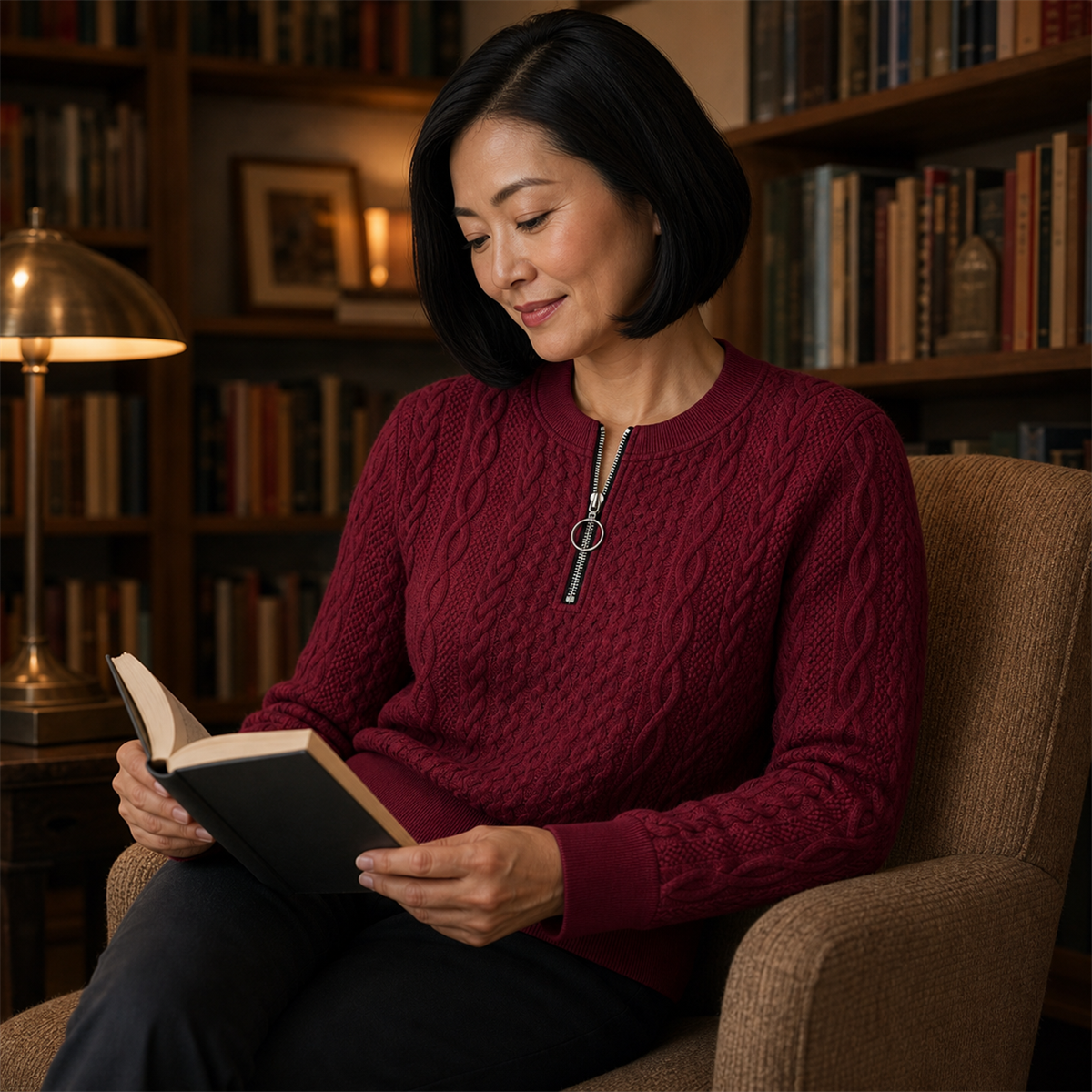 Woman wearing a burgundy cable-knit quarter-zip pullover in a warm bookstore