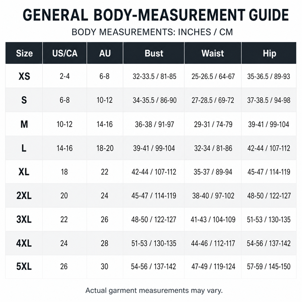 Women's general body-measurement guide from XS to 5XL