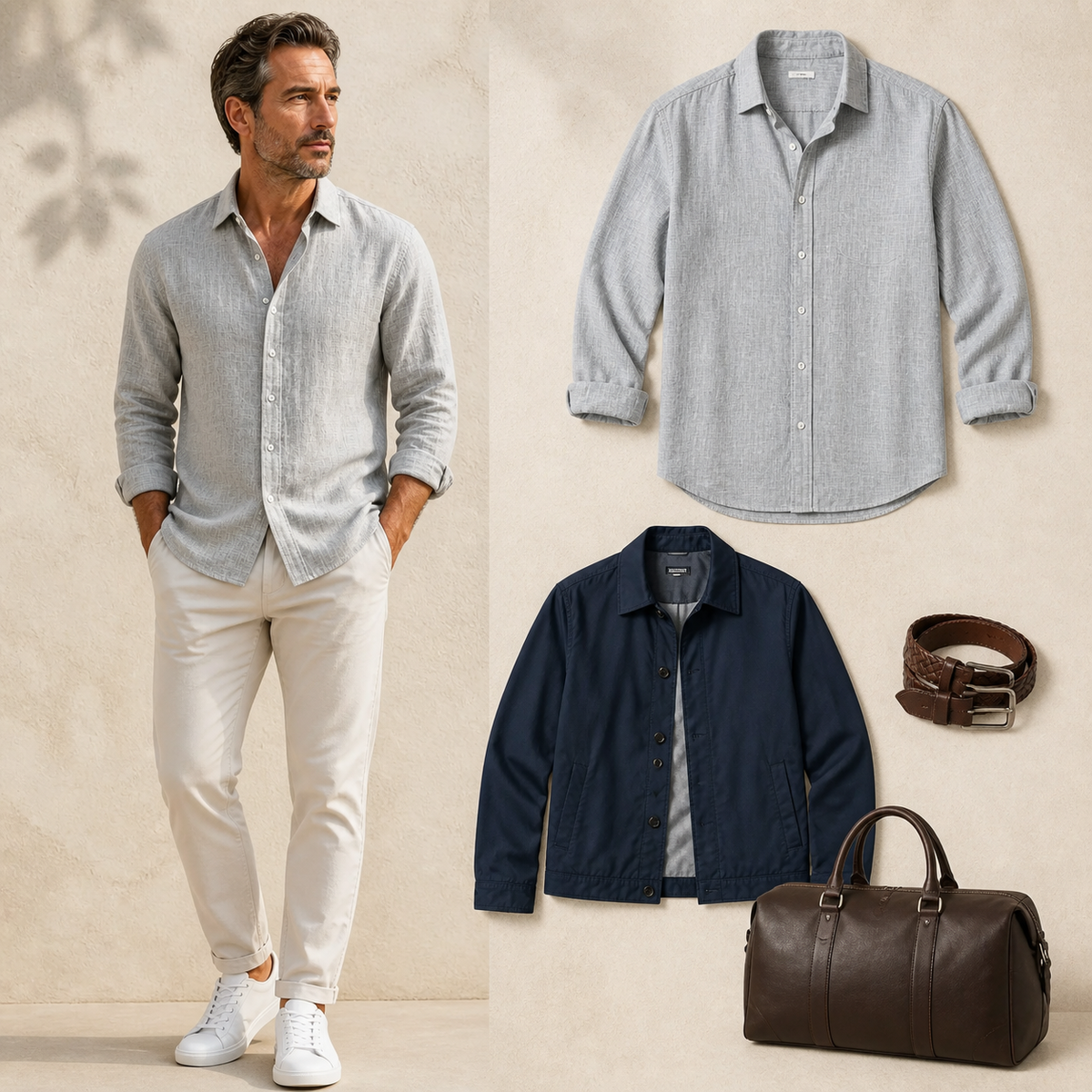 Long-sleeve shirt styled with trousers