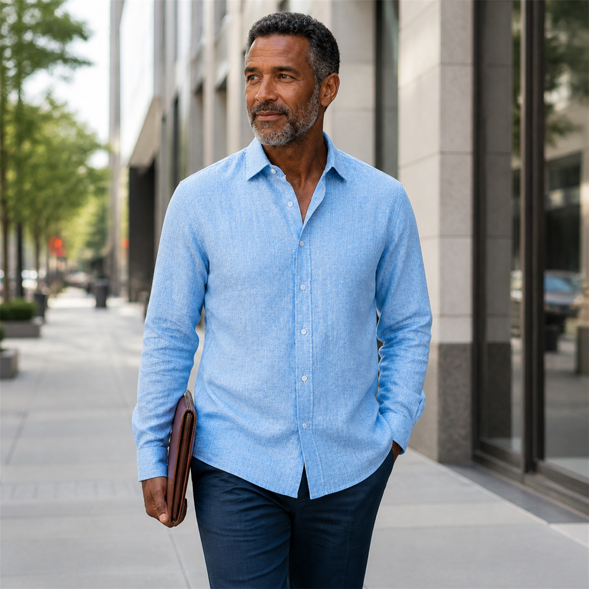 Man wearing a sky-blue textured button-down shirt during a city commute