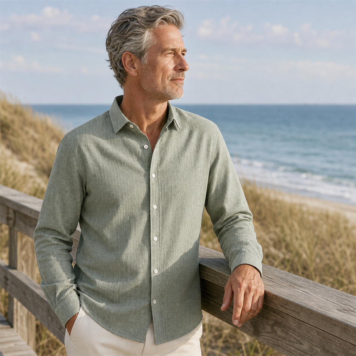 Man wearing a sage textured button-down shirt on a coastal weekend