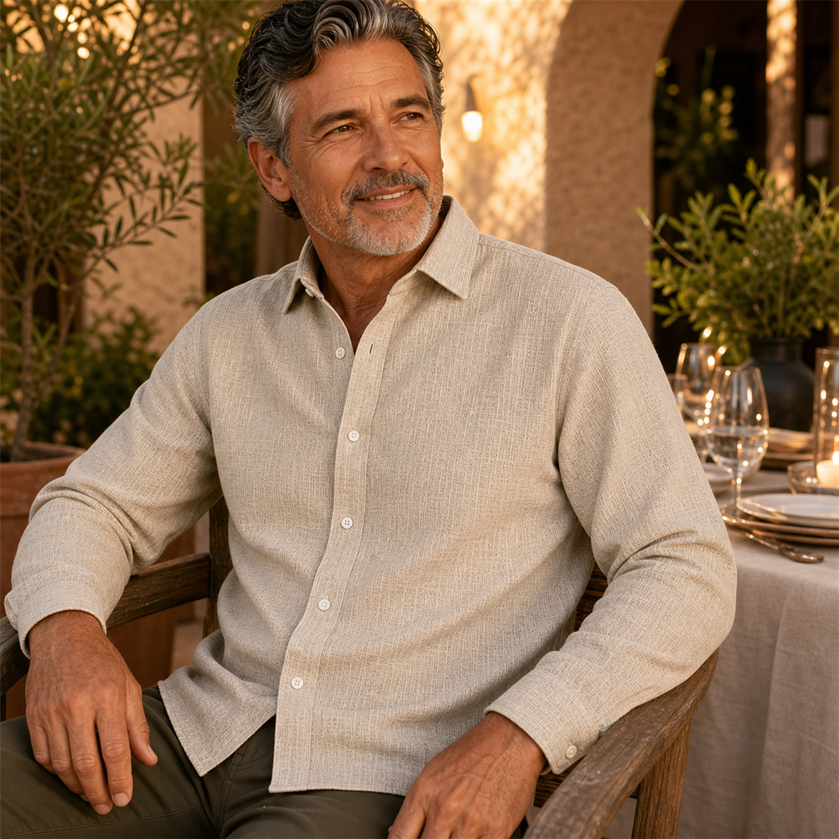 Man wearing a sand textured button-down shirt on a dinner terrace