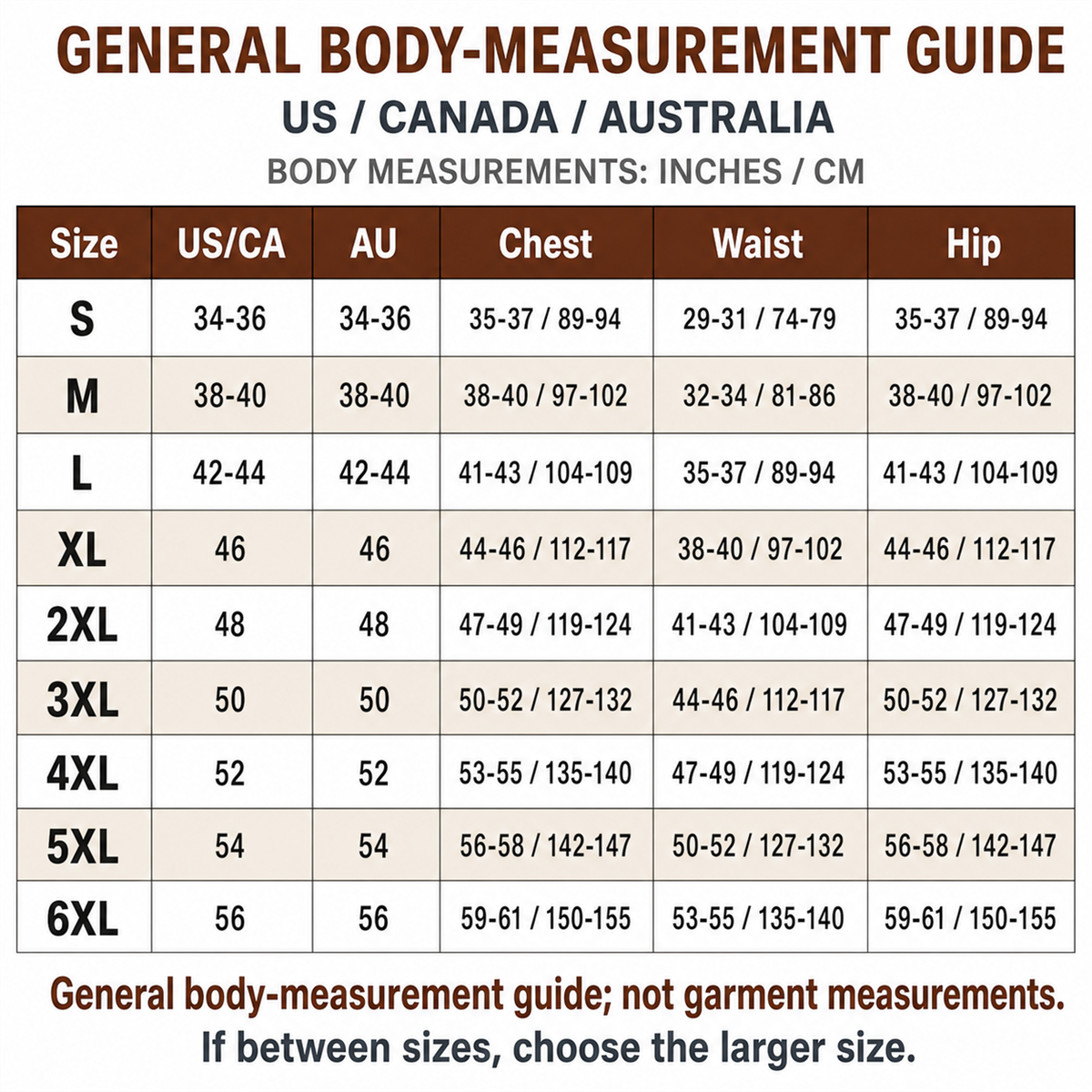 Men's body-measurement guide from S to 6XL