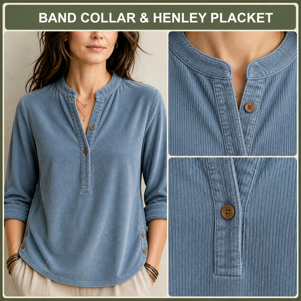 Band collar and Henley placket