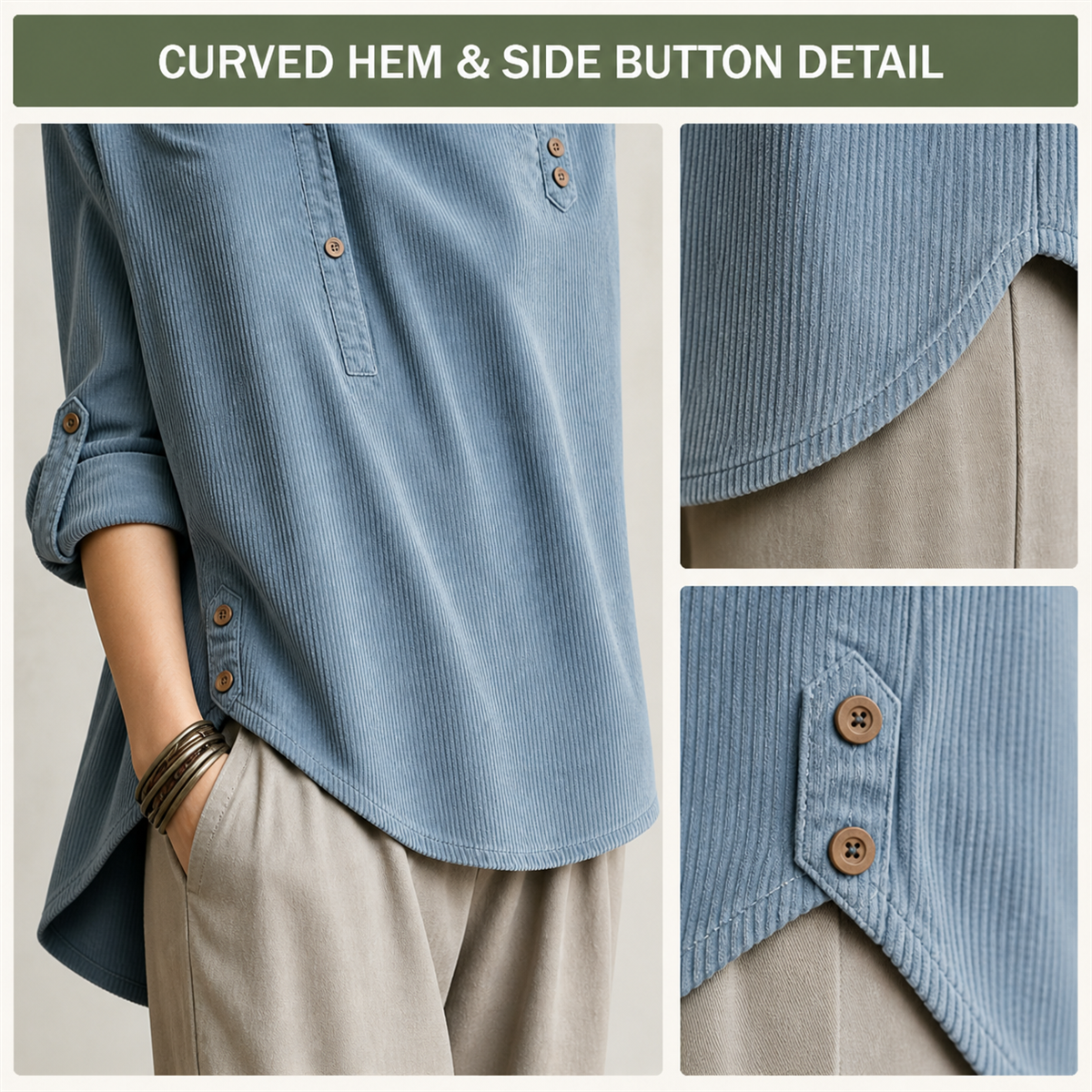 Curved hem and side button detail