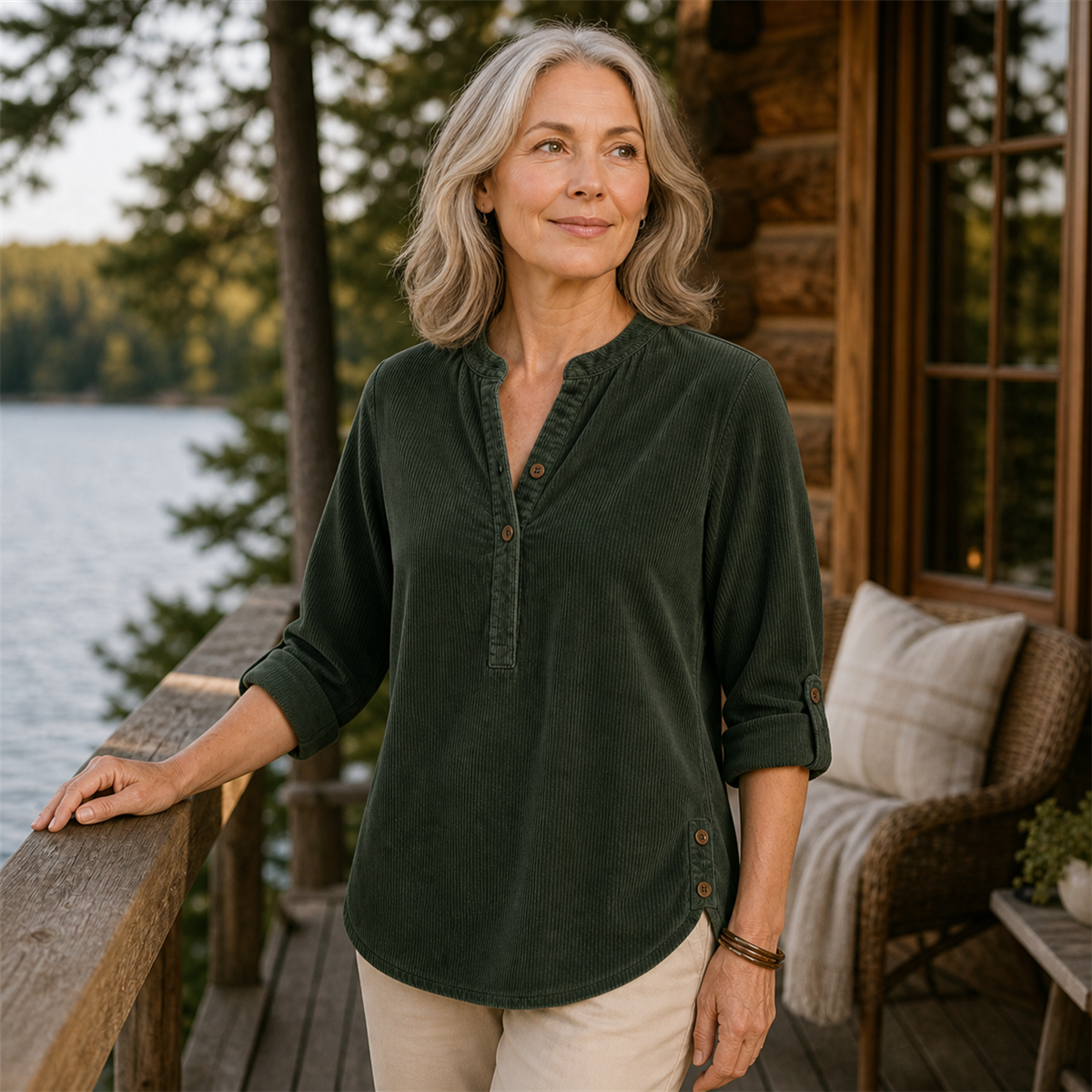 Woman wearing a Henley tunic outside a lakeside cabin