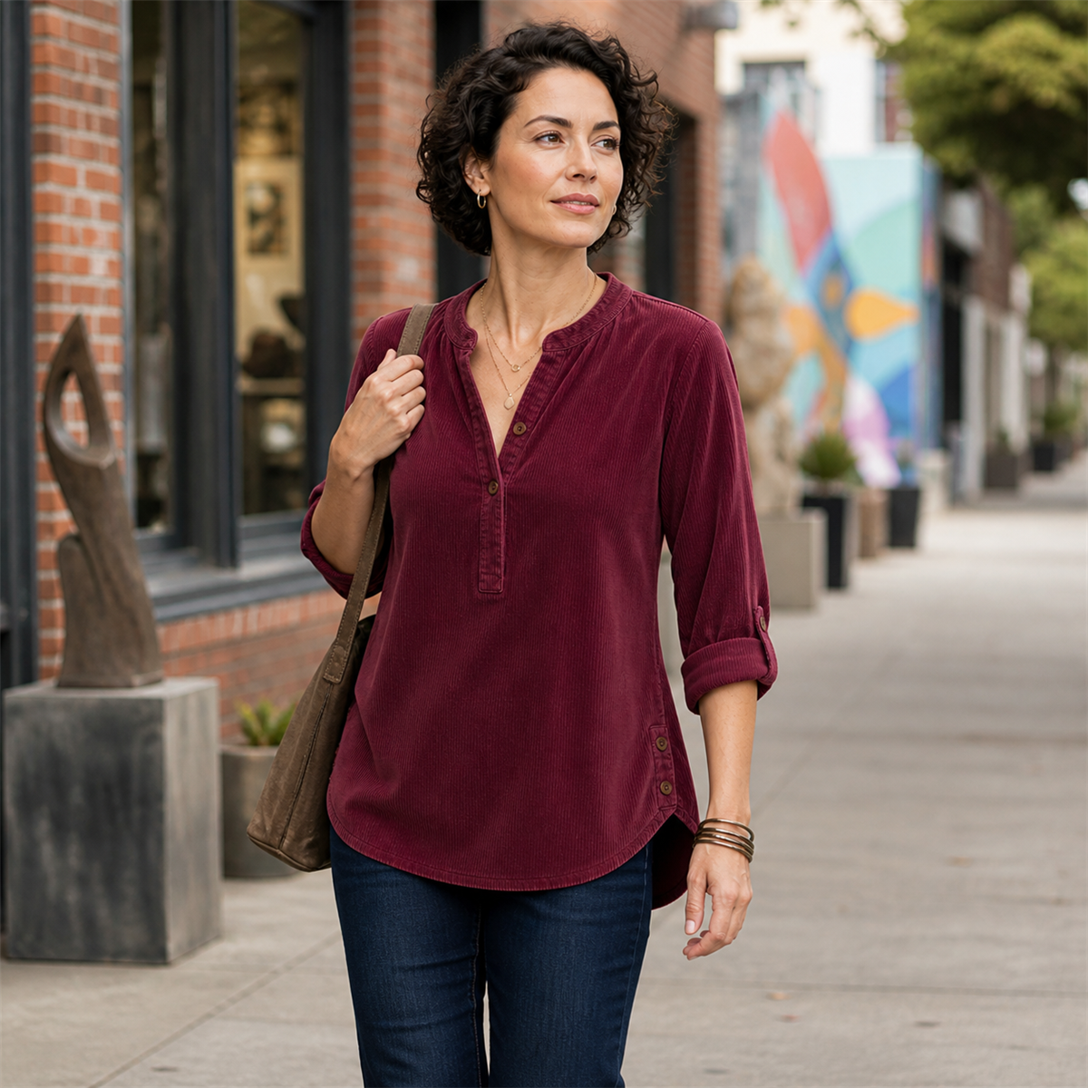 Woman wearing a Henley tunic while walking through an arts district