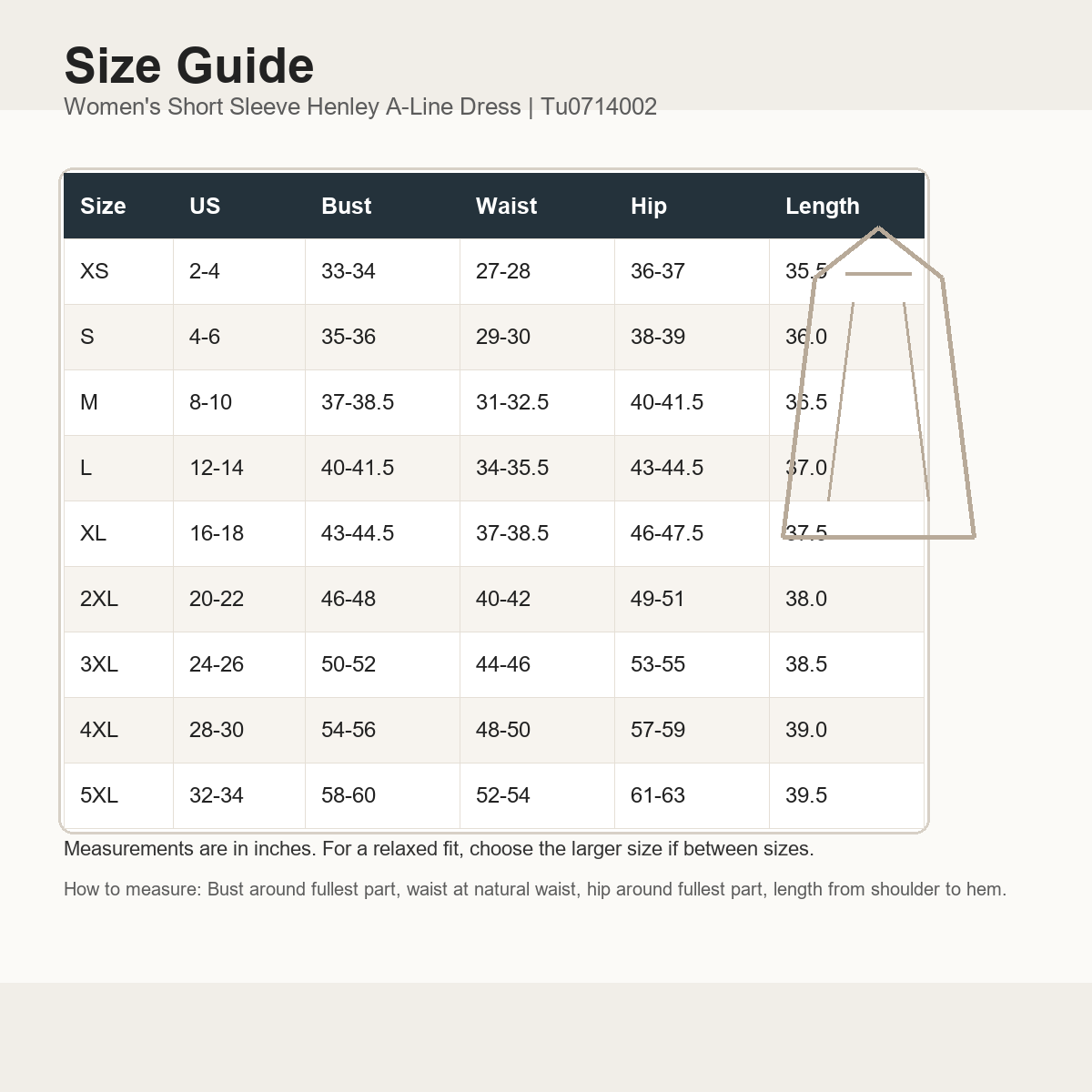 Tu0714002 women's XS to 5XL size guide