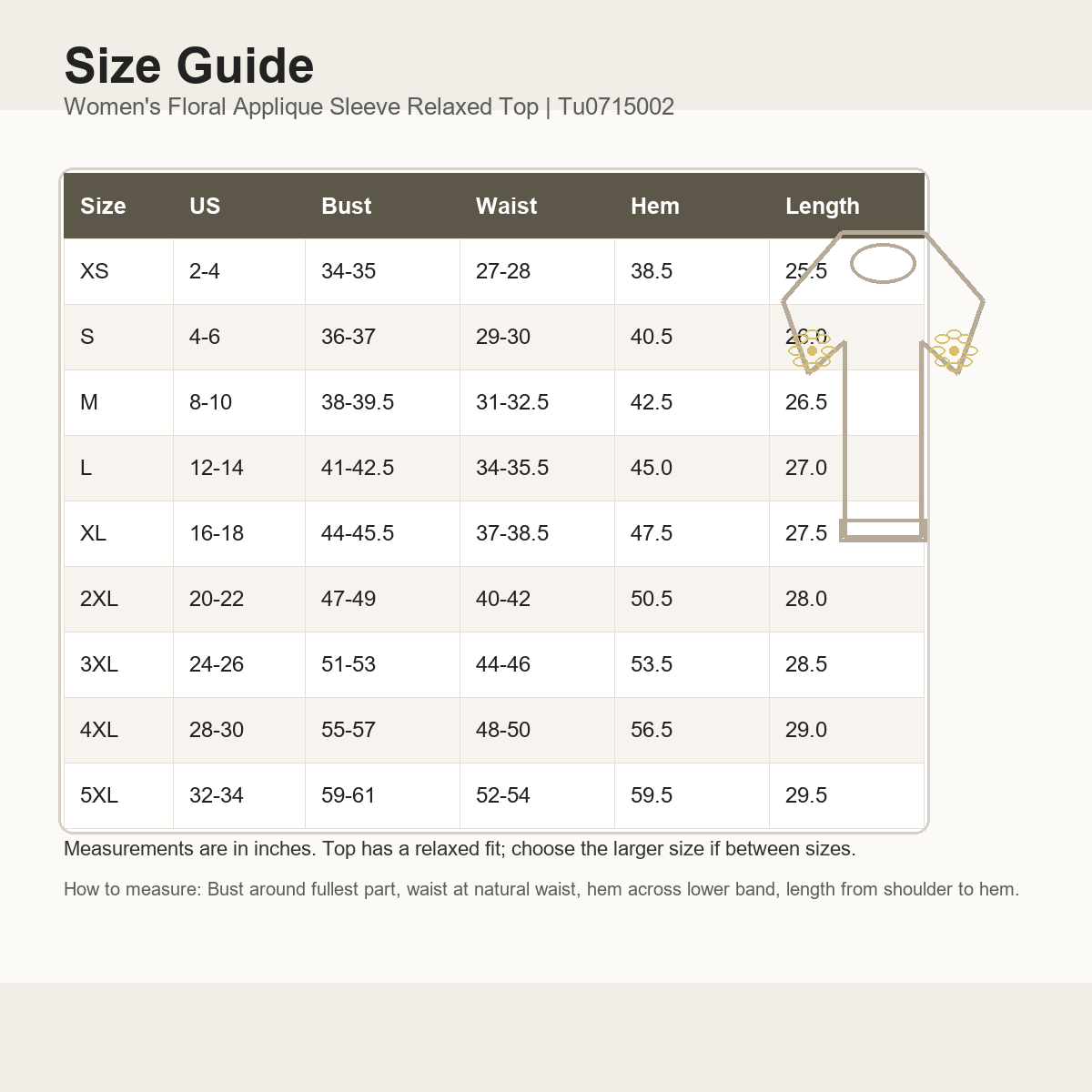 Tu0715002 women's XS to 5XL size guide