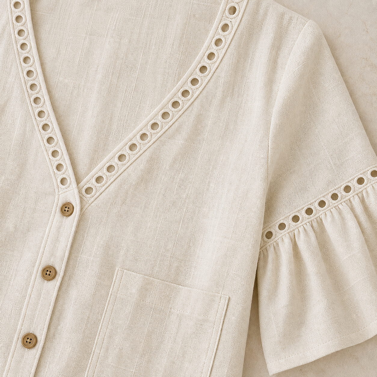 Tu0716002 eyelet neckline button pocket and sleeve details