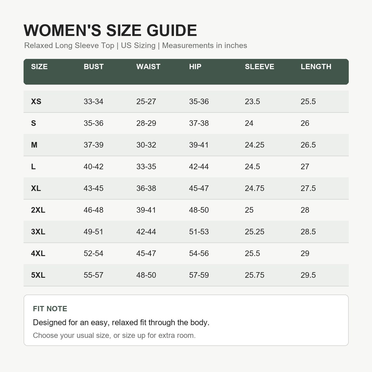 Tu0716002 women's XS to 5XL size guide