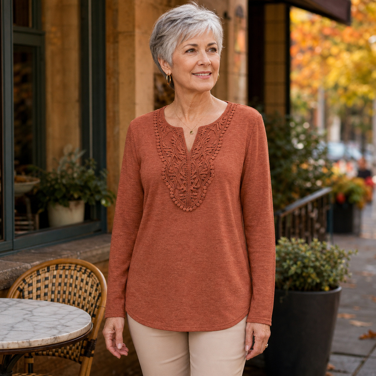 Tu0716002 Single - Rust crochet lace split-neck top