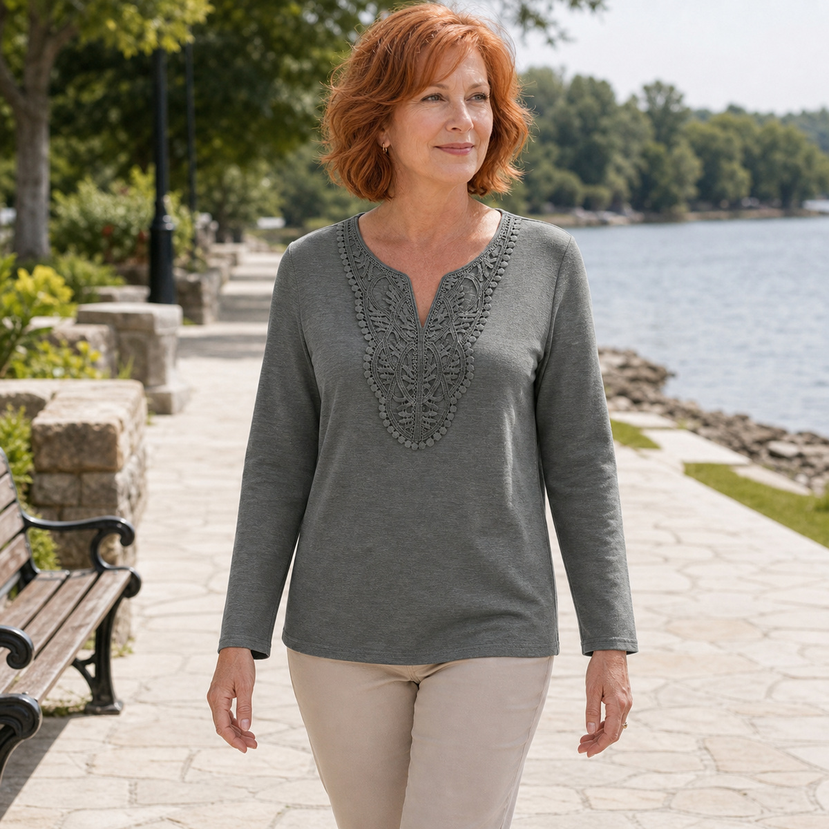 Tu0716002 Single - Soft Gray crochet lace split-neck top