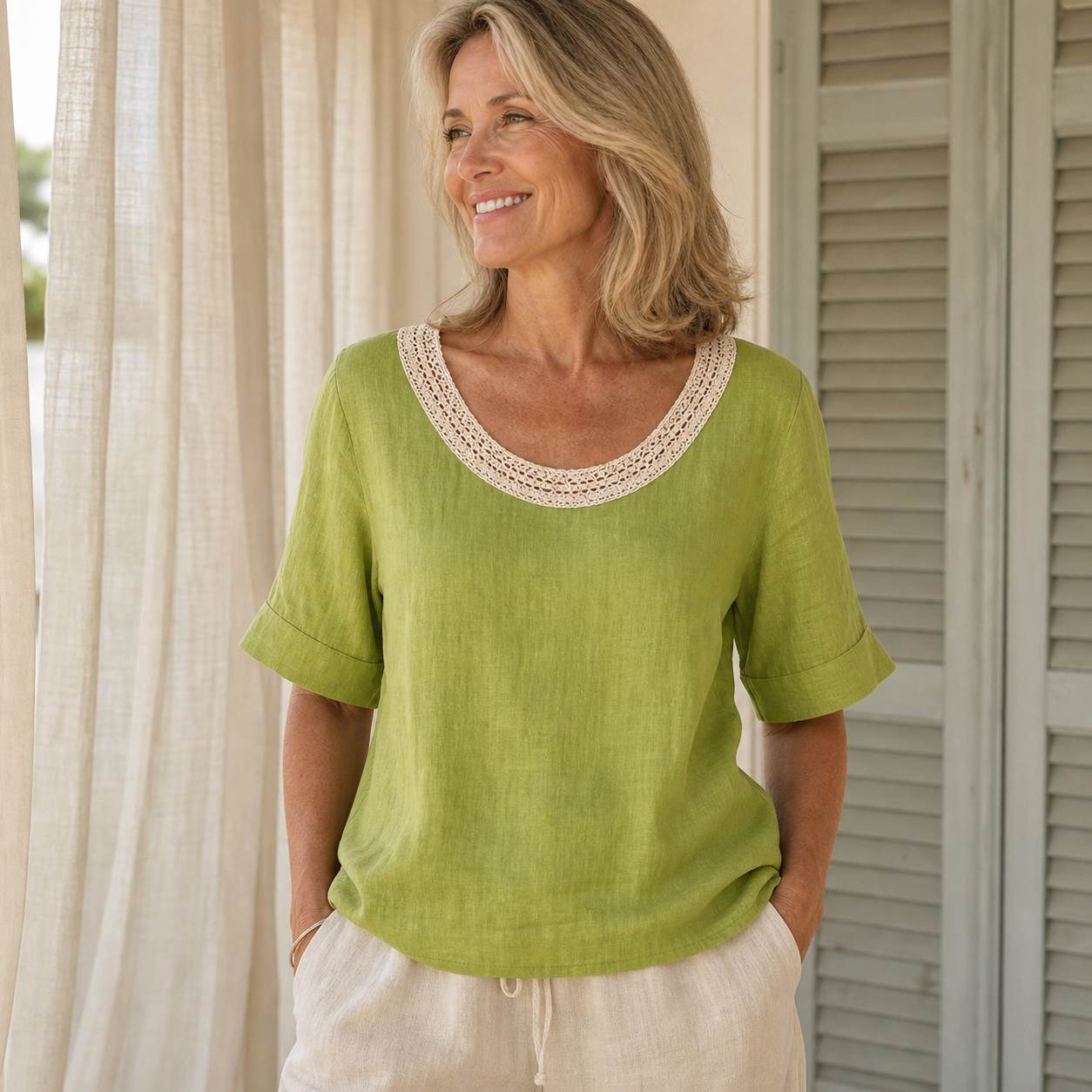 Tu0720001 model wearing crochet lace neck linen short sleeve top