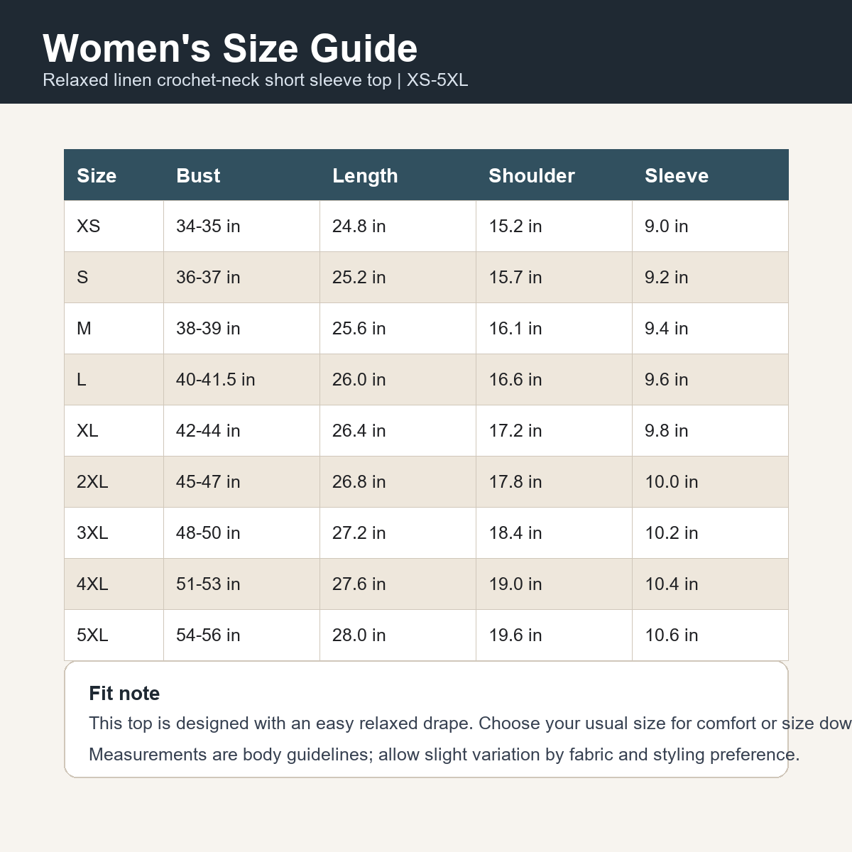 Tu0720001 women's XS to 5XL size guide