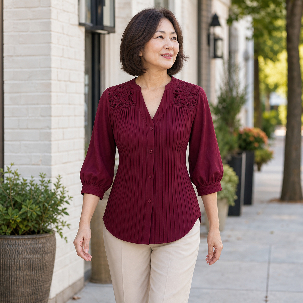 Tu0720001 Single - Burgundy pintuck lace-yoke blouse