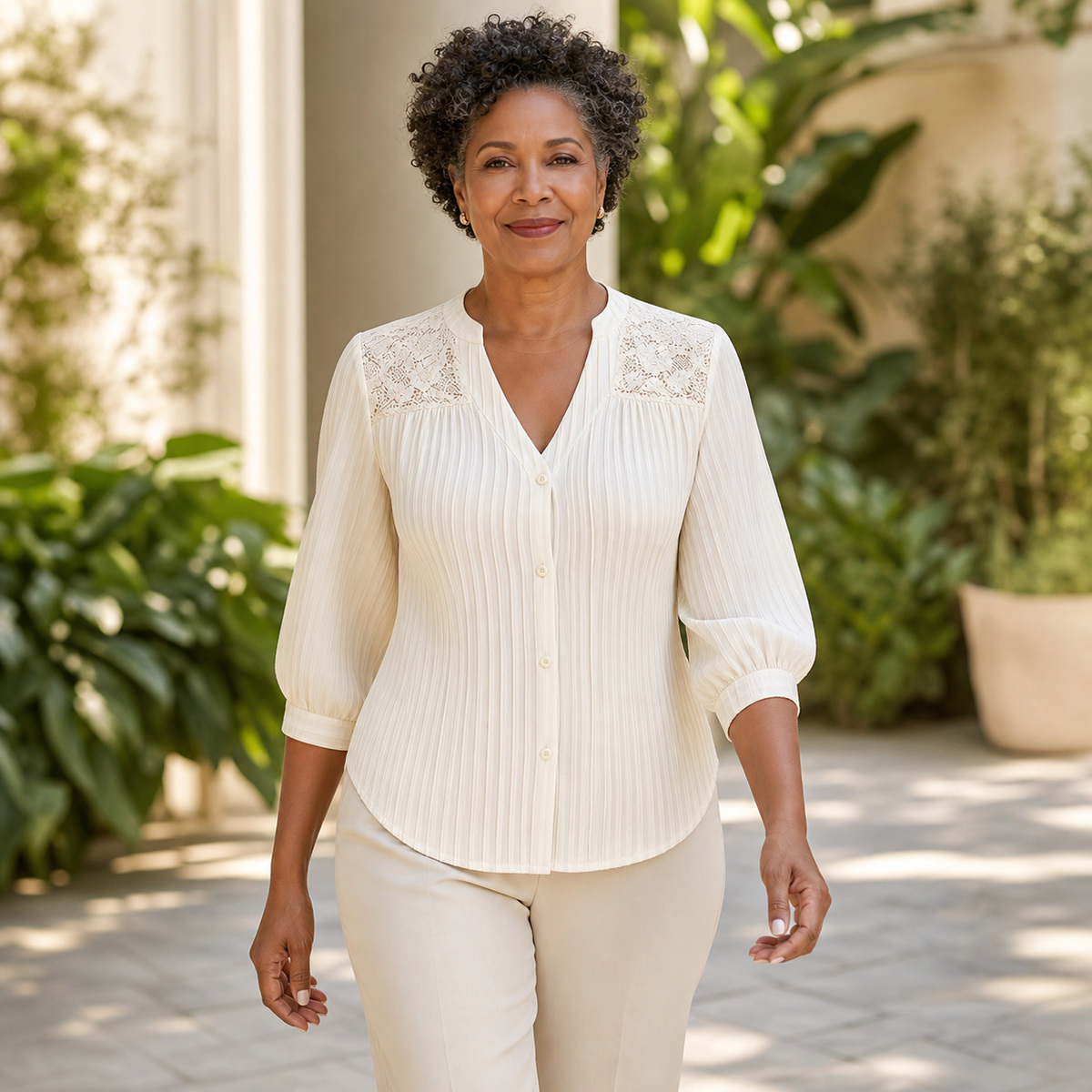 Tu0720001 Single - Ivory pintuck lace-yoke blouse