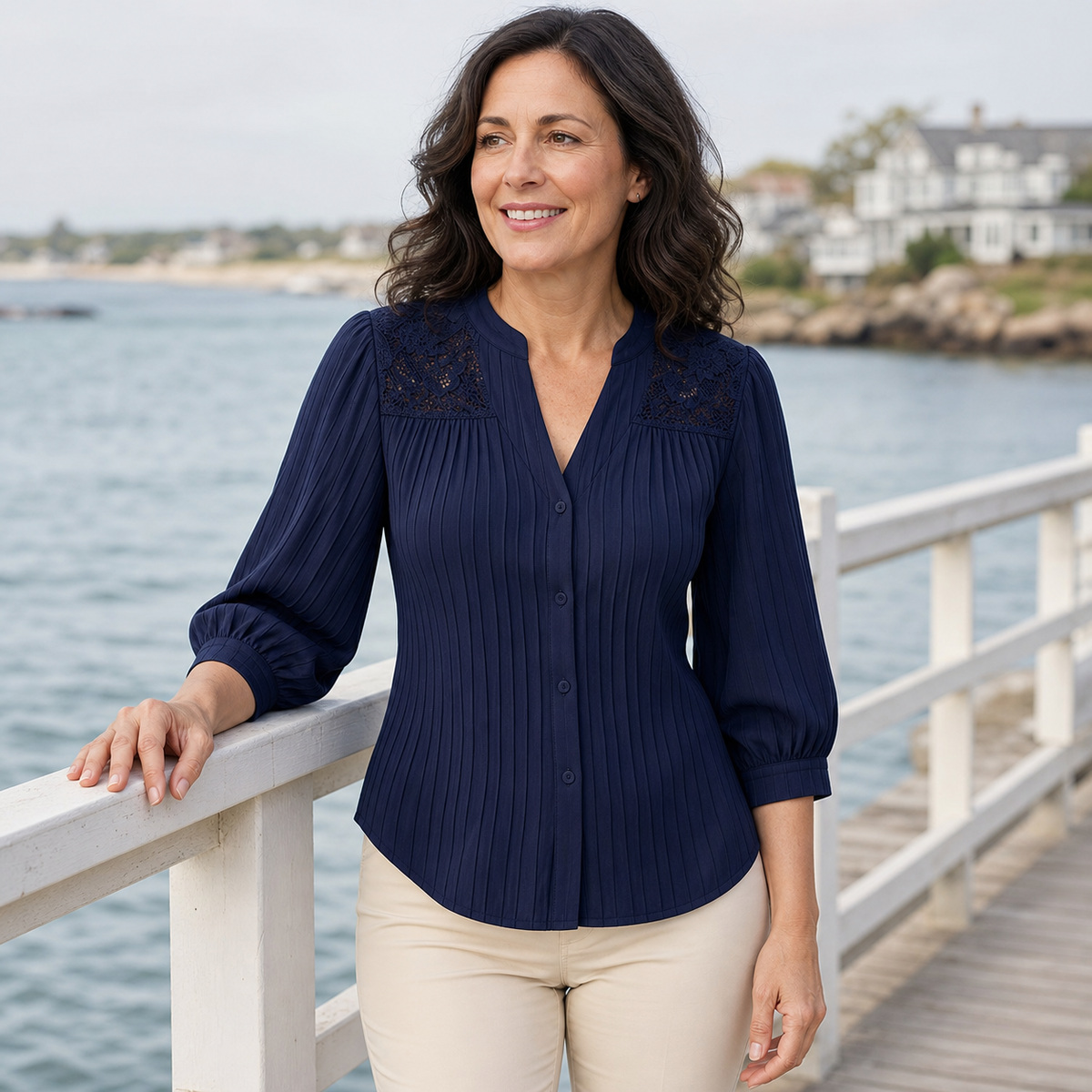 Tu0720001 Single - Navy pintuck lace-yoke blouse
