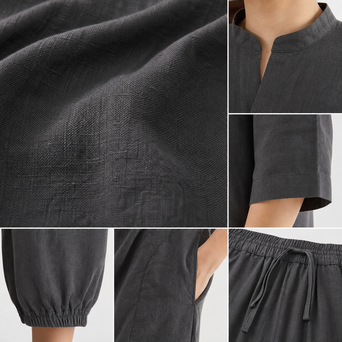 Tu0723001 linen fabric split collar sleeve cuff pocket waistband detail