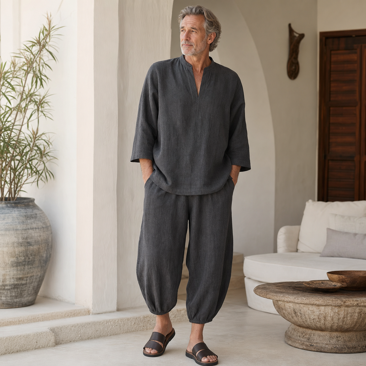 Tu0723001 model wearing relaxed linen two-piece lounge set
