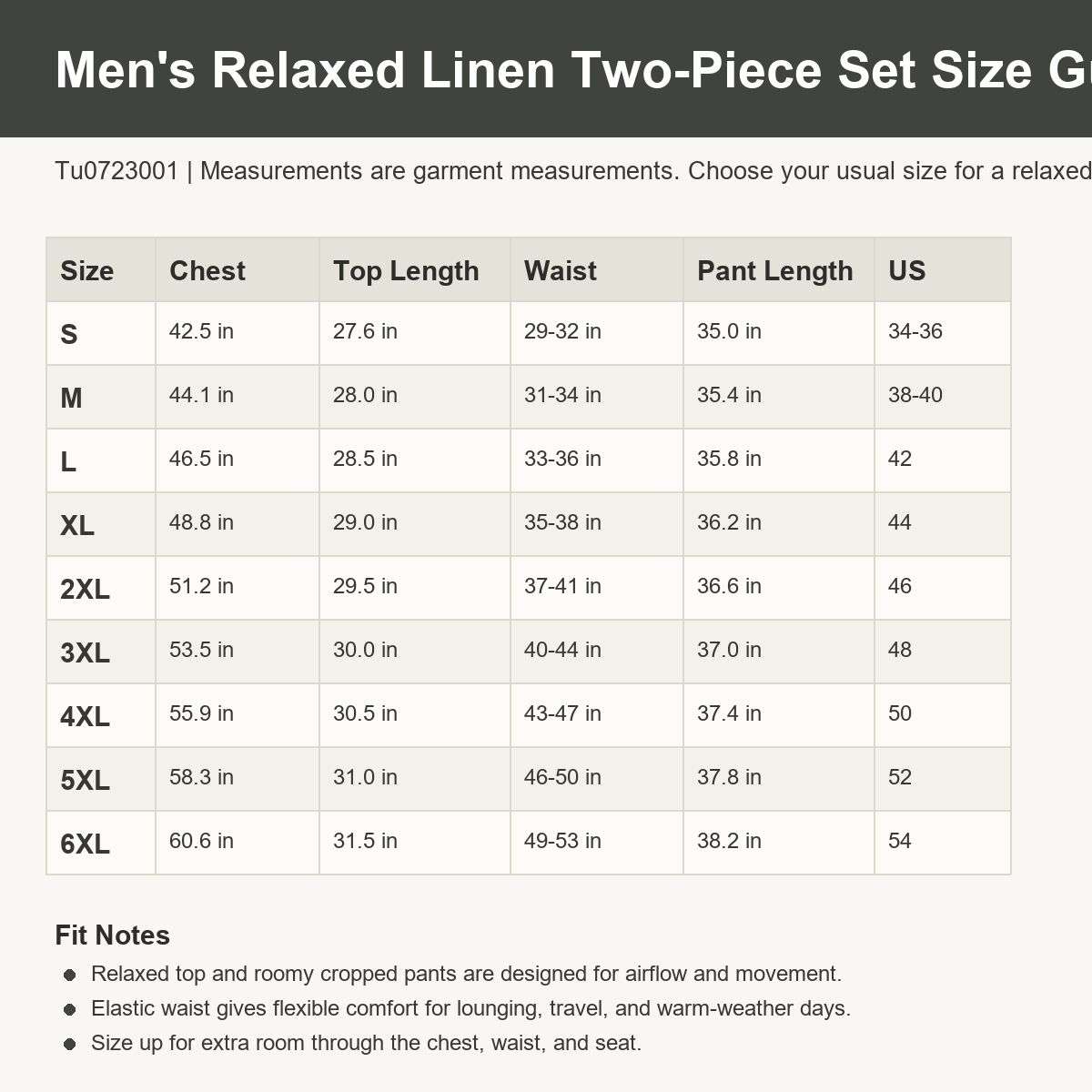 Tu0723001 men's S to 6XL relaxed linen two-piece set size guide