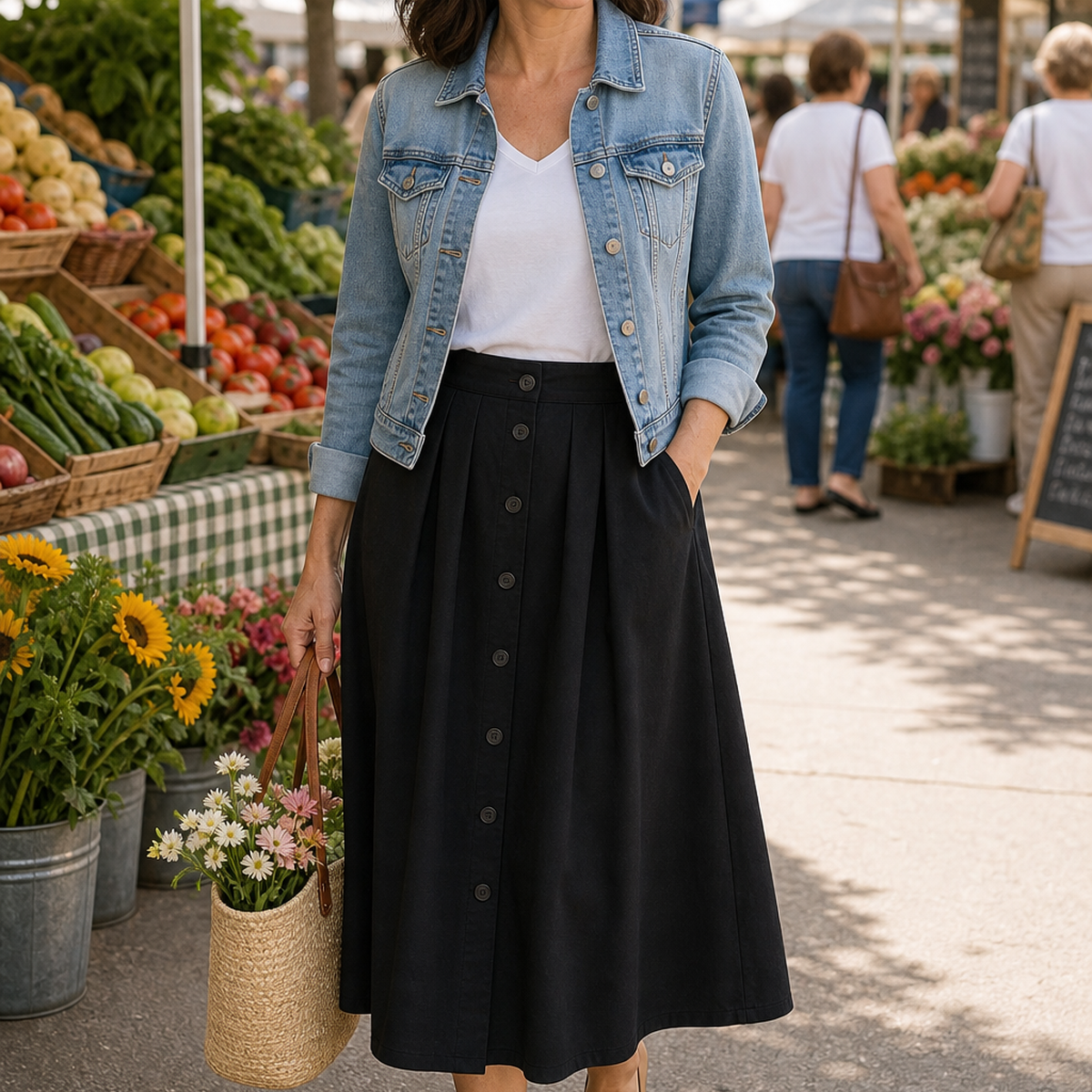 Black button-front pleated midi skirt styled for a farmers market weekend outfit