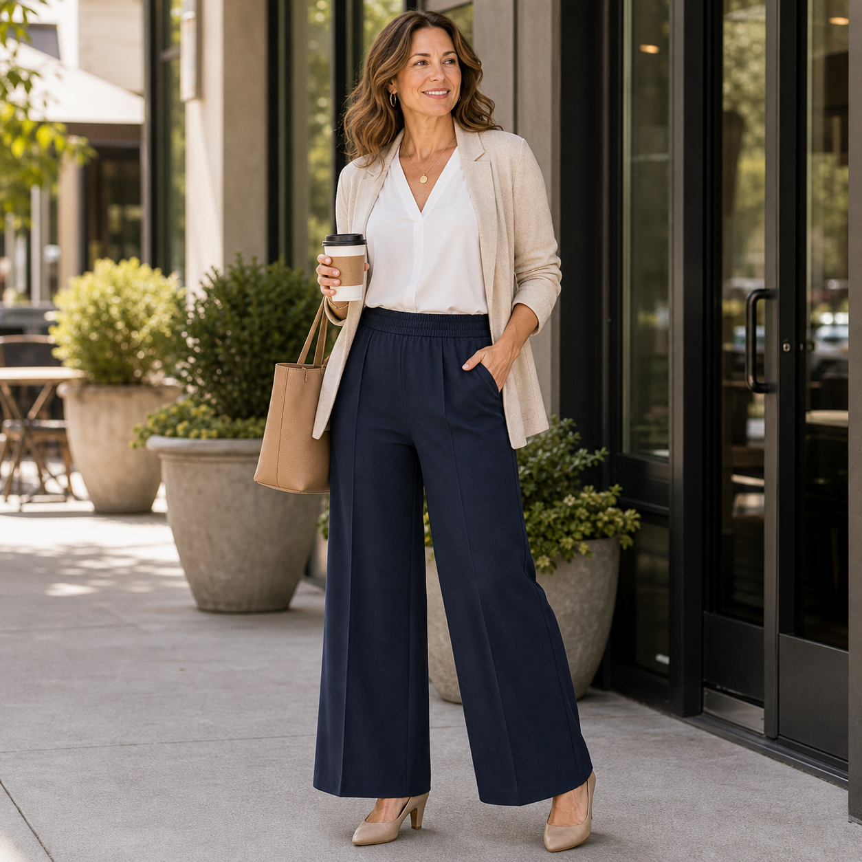 Women's navy pull-on wide-leg pants styled for commute and errands