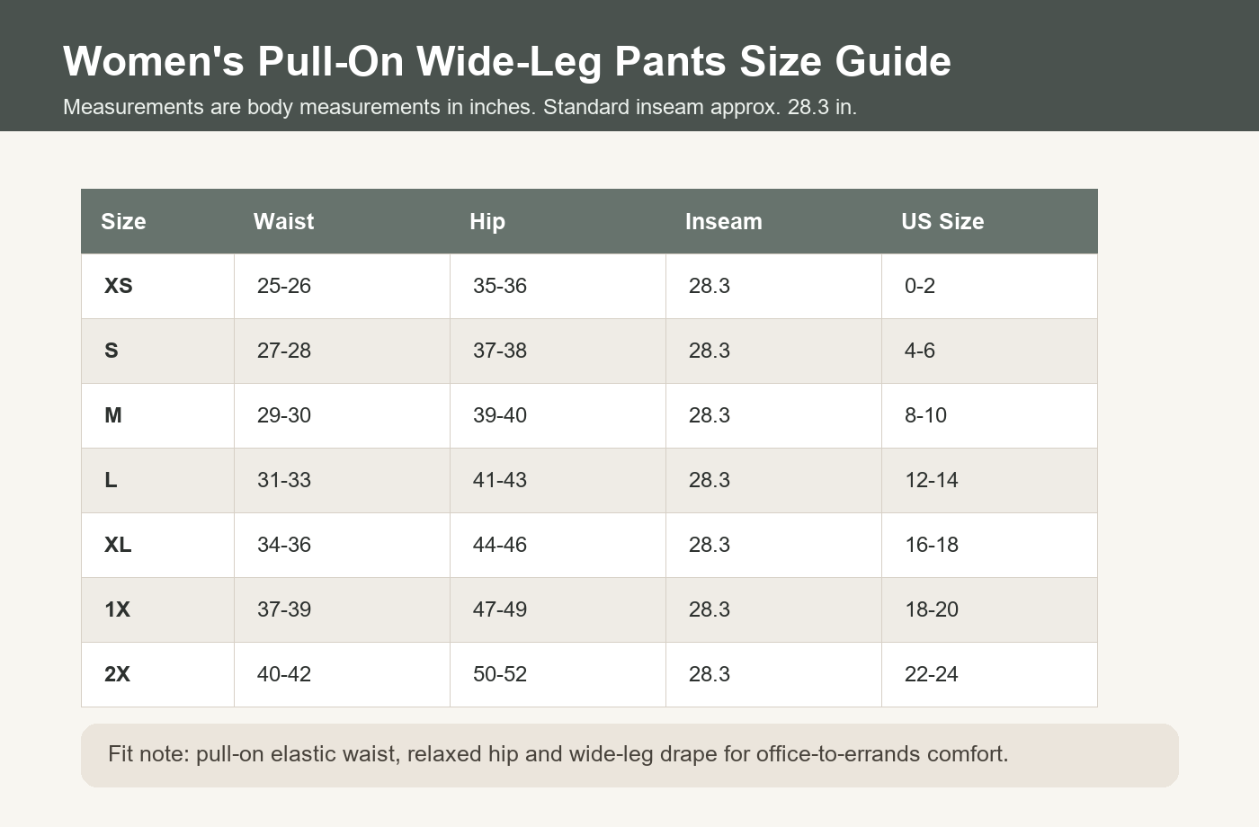 Women's pull-on wide-leg pants size chart XS-2X
