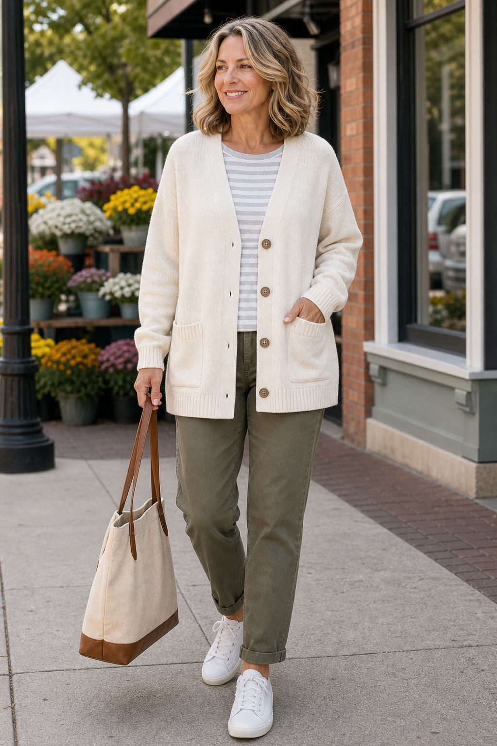 Women's ivory oversized cardigan worn for everyday errands