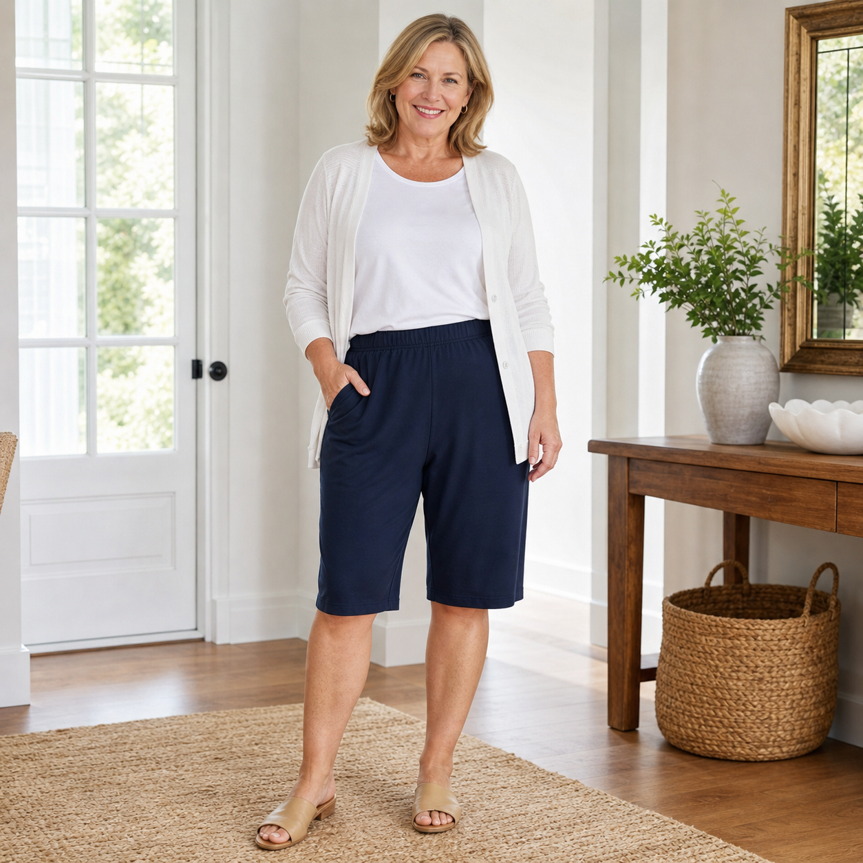 Women's soft knit elastic waist Bermuda shorts worn at home