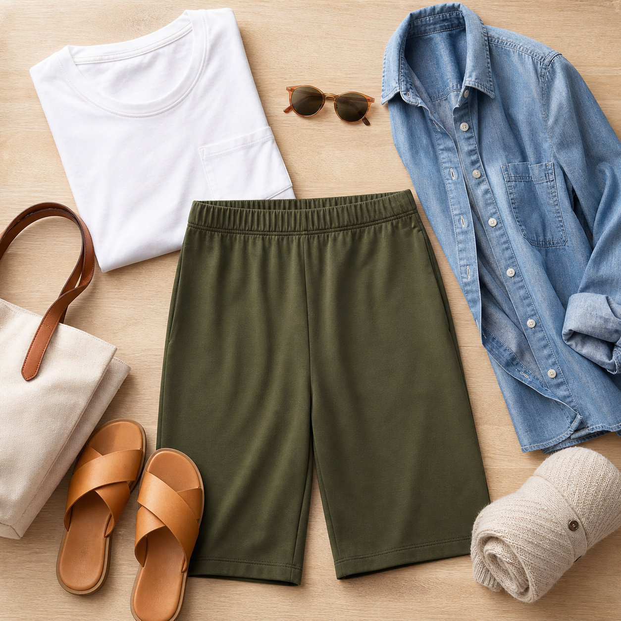 Women's knit Bermuda shorts outfit pairing with tee denim shirt sandals and tote