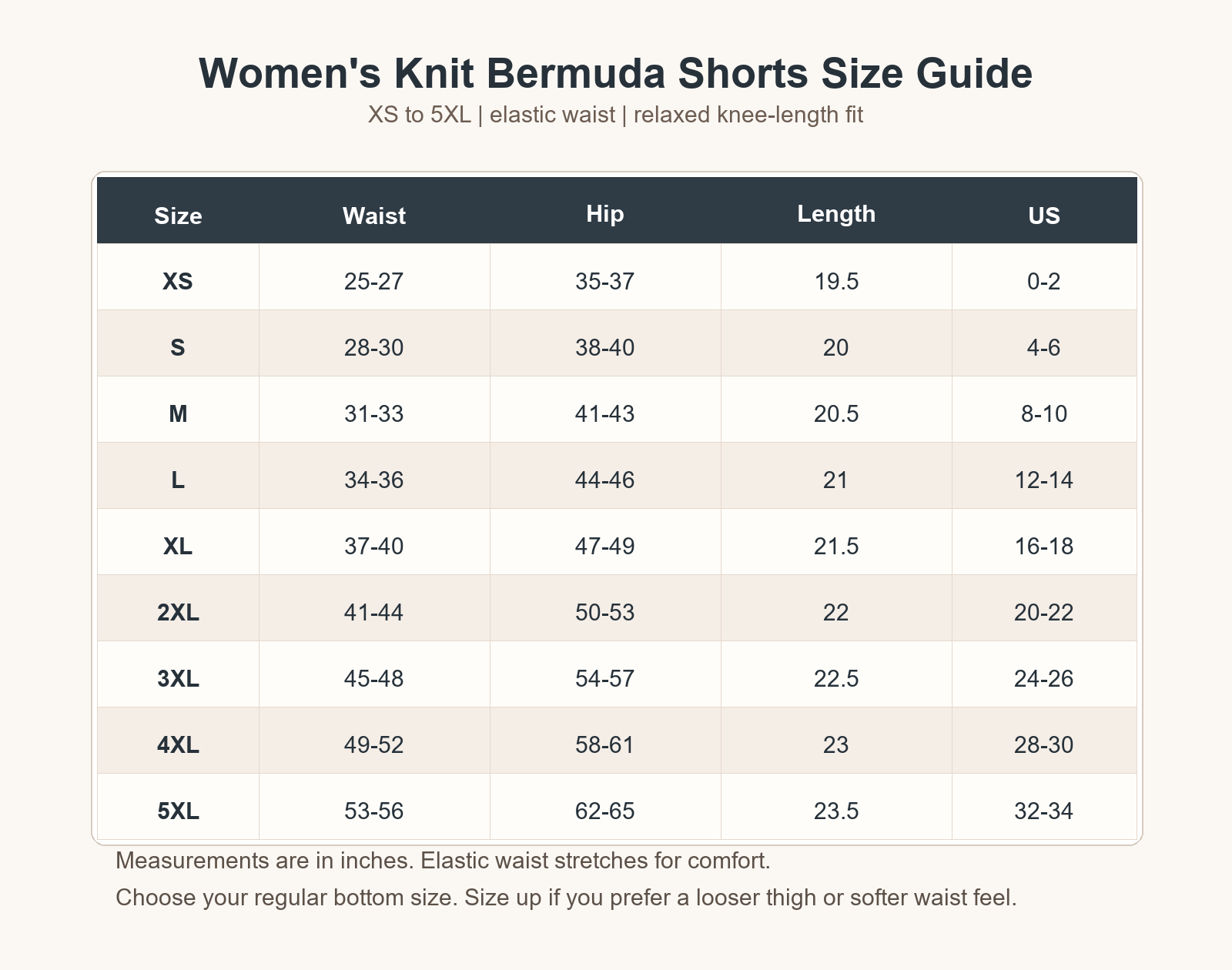 Women's knit Bermuda shorts size chart XS to 5XL