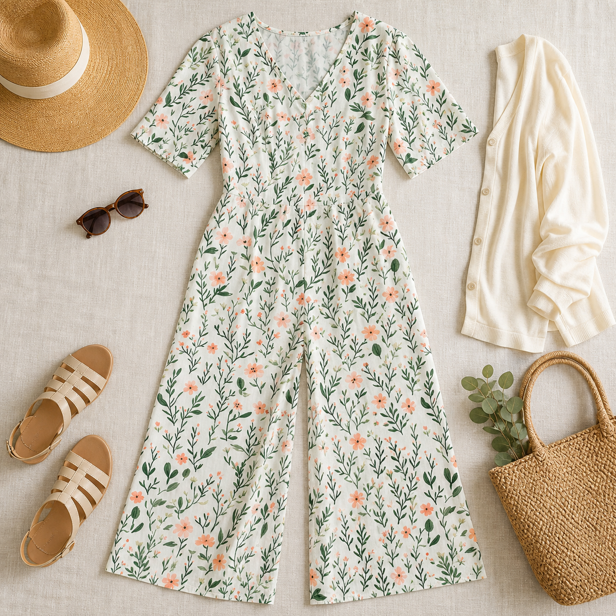 Floral V-neck wide-leg jumpsuit styled with cardigan sandals hat and tote