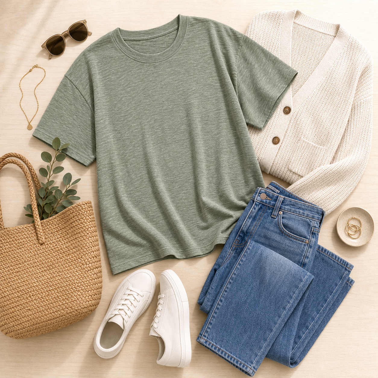 Women's slub tee outfit pairing with denim cardigan sneakers and tote