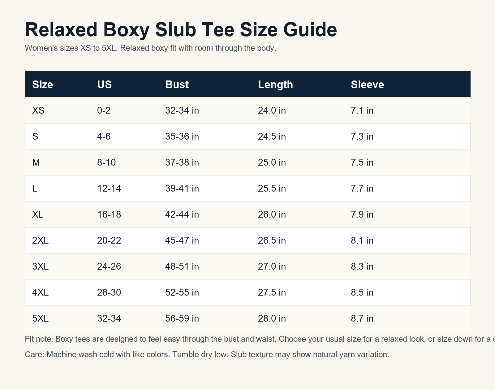 Women's relaxed boxy slub tee size chart XS to 5XL