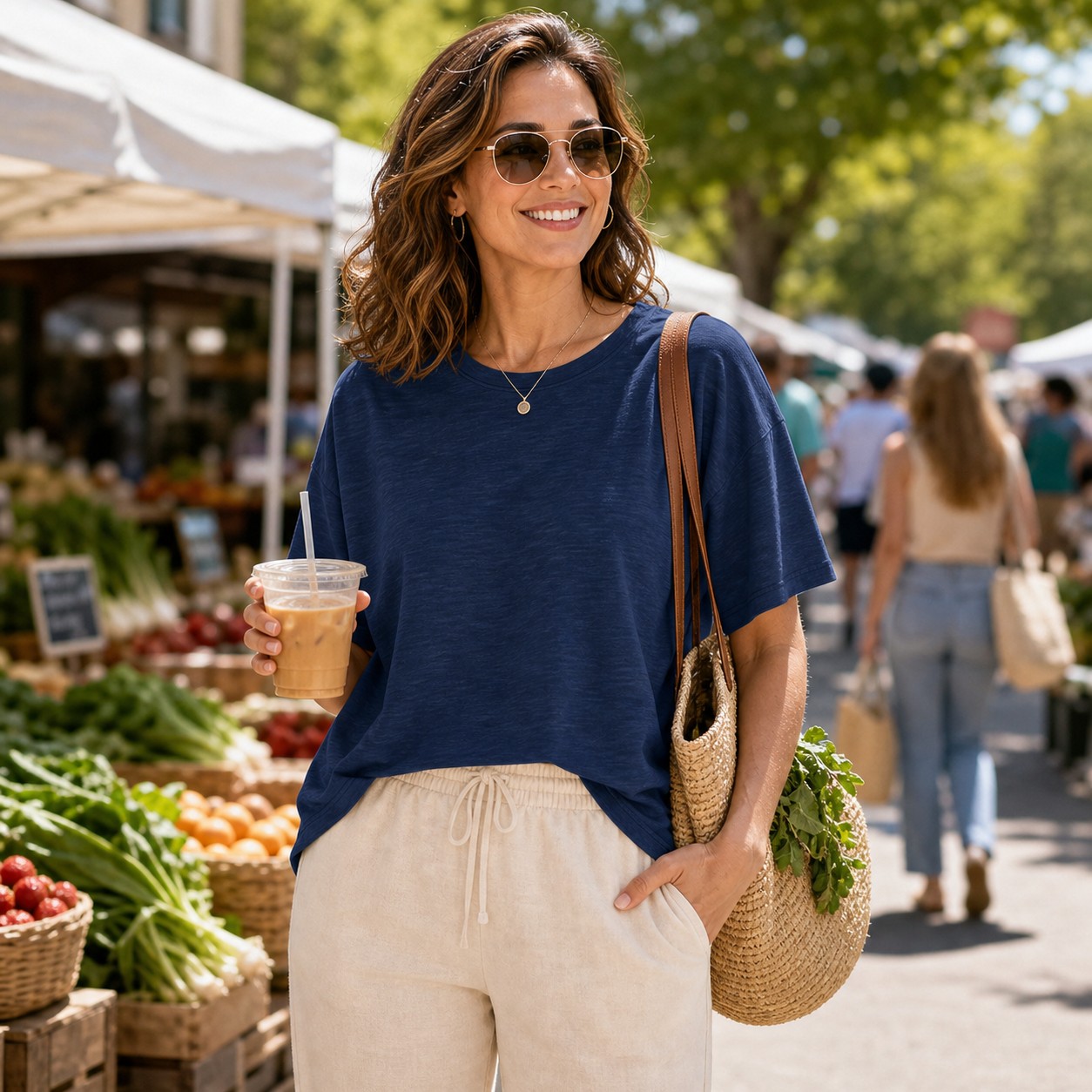 Women's boxy slub short sleeve tee styled for a weekend outing