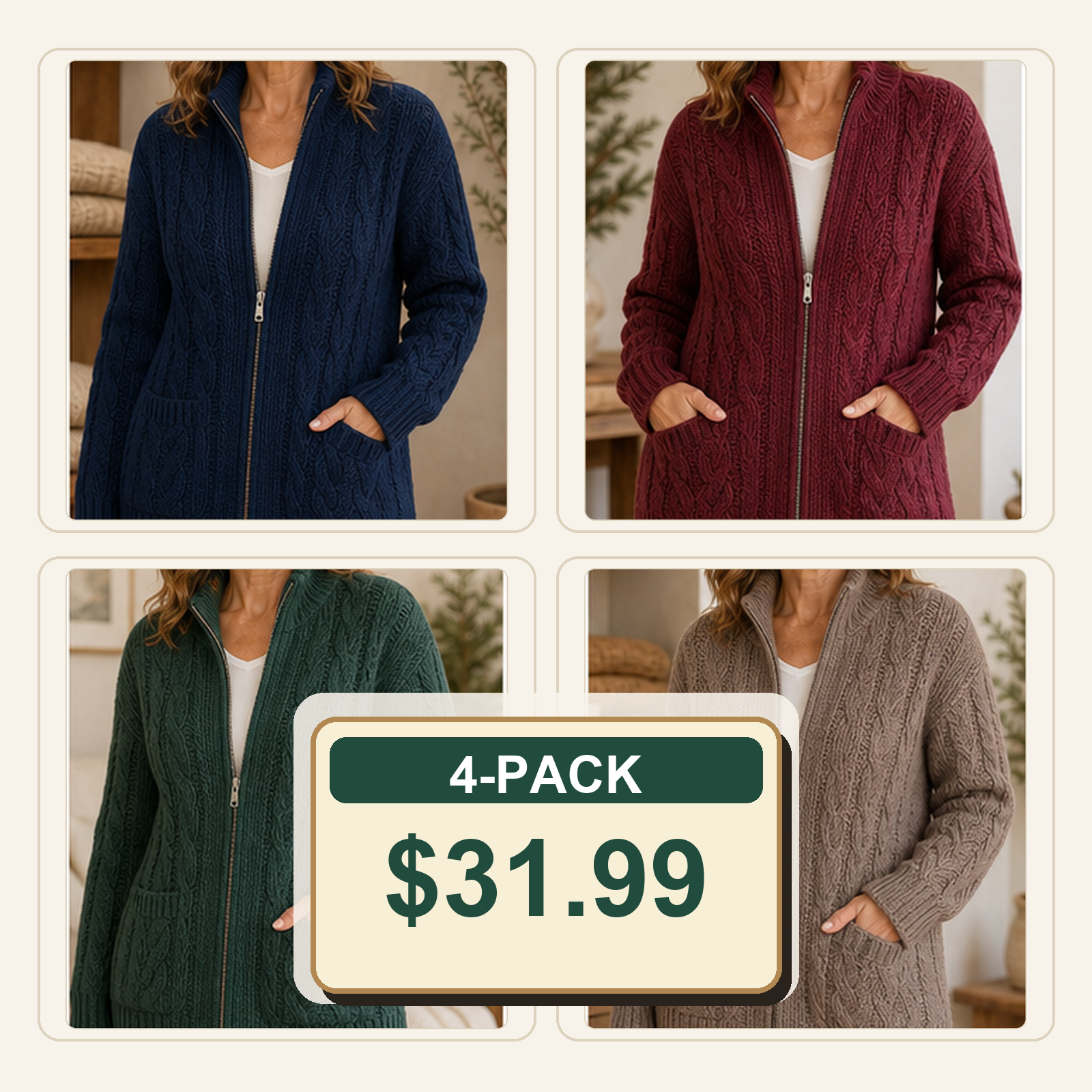 Women's Chunky Cable-Knit Zip Cardigans
