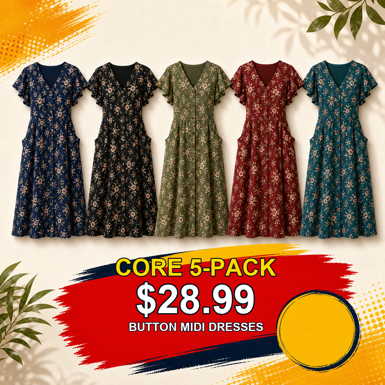 Ruffle Sleeve Button-Front Midi Dresses for Women