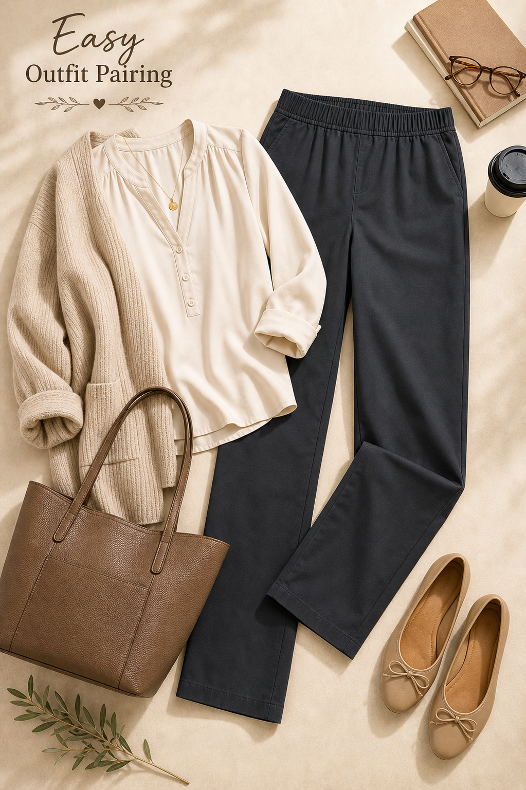 Stretch twill pull-on pants outfit pairing with blouse cardigan flats and tote